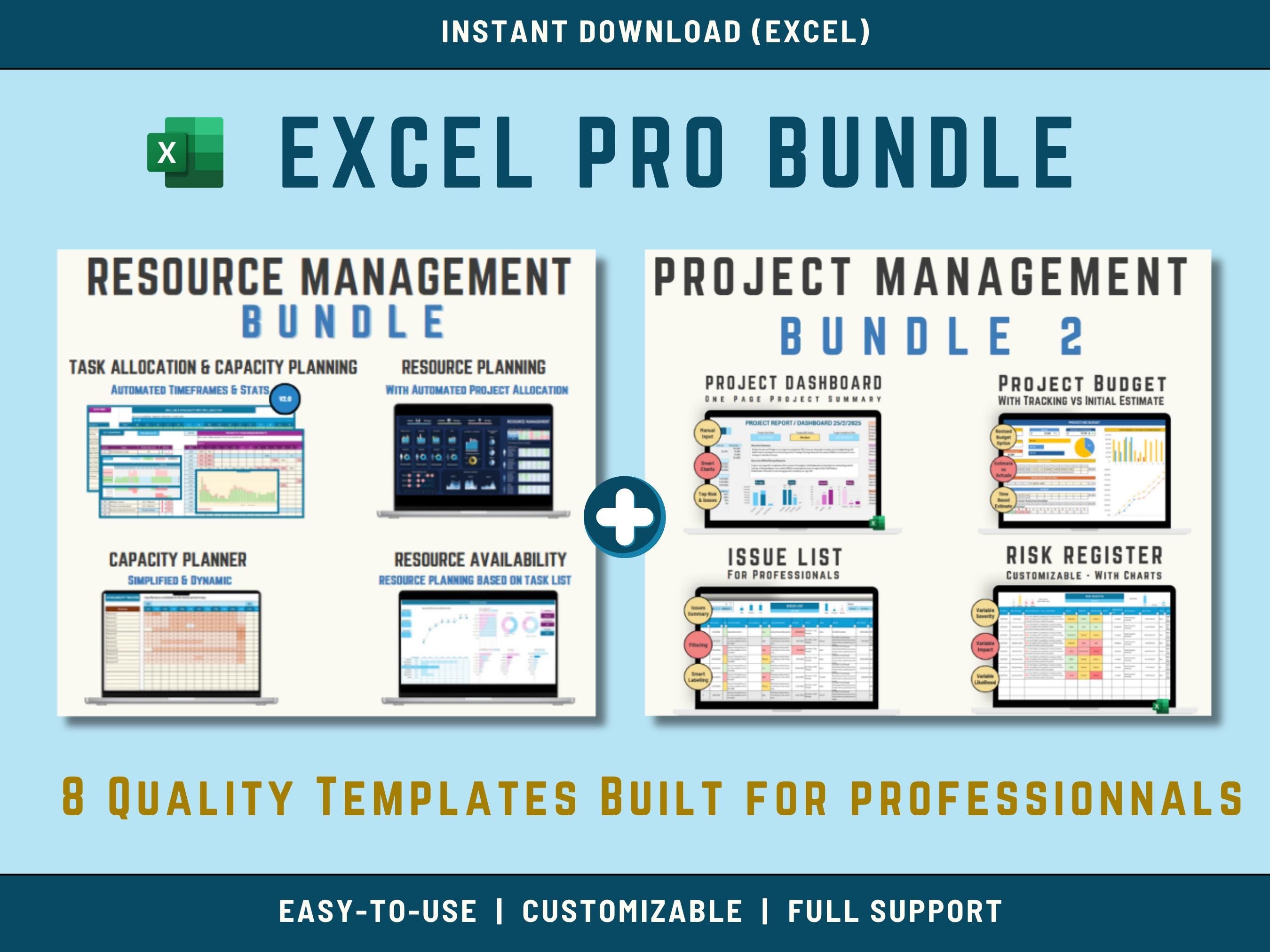 Project Management, Resource Management, Habit Tracker Pro Excel Bundle all in one. Instant Download Template