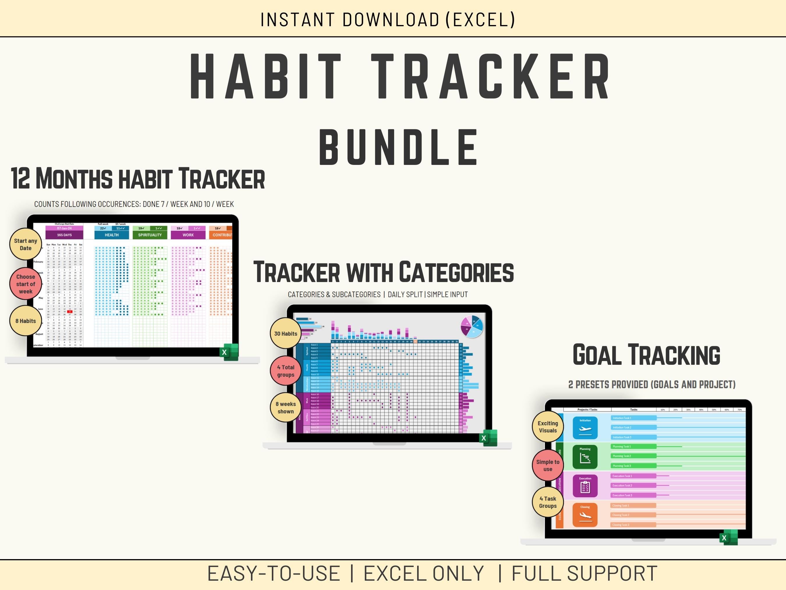 Excel Habit Tracker Template Bundle: Daily & 12-Month Goal Planner (Instant Download