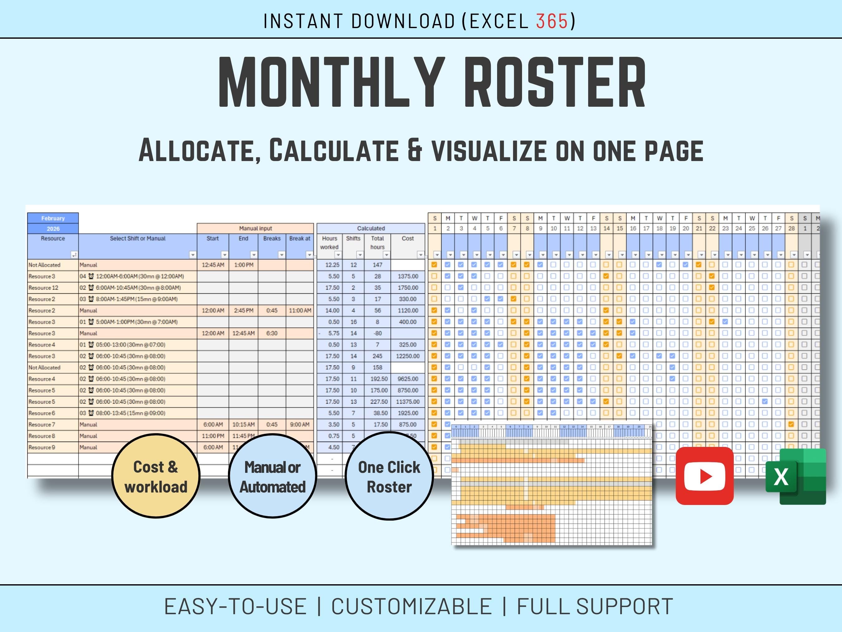 Monthly Excel Roster Template | Employee Shift Schedule, Staff Planner, Cost Calculator, Customizable Work & Student Schedule, Download