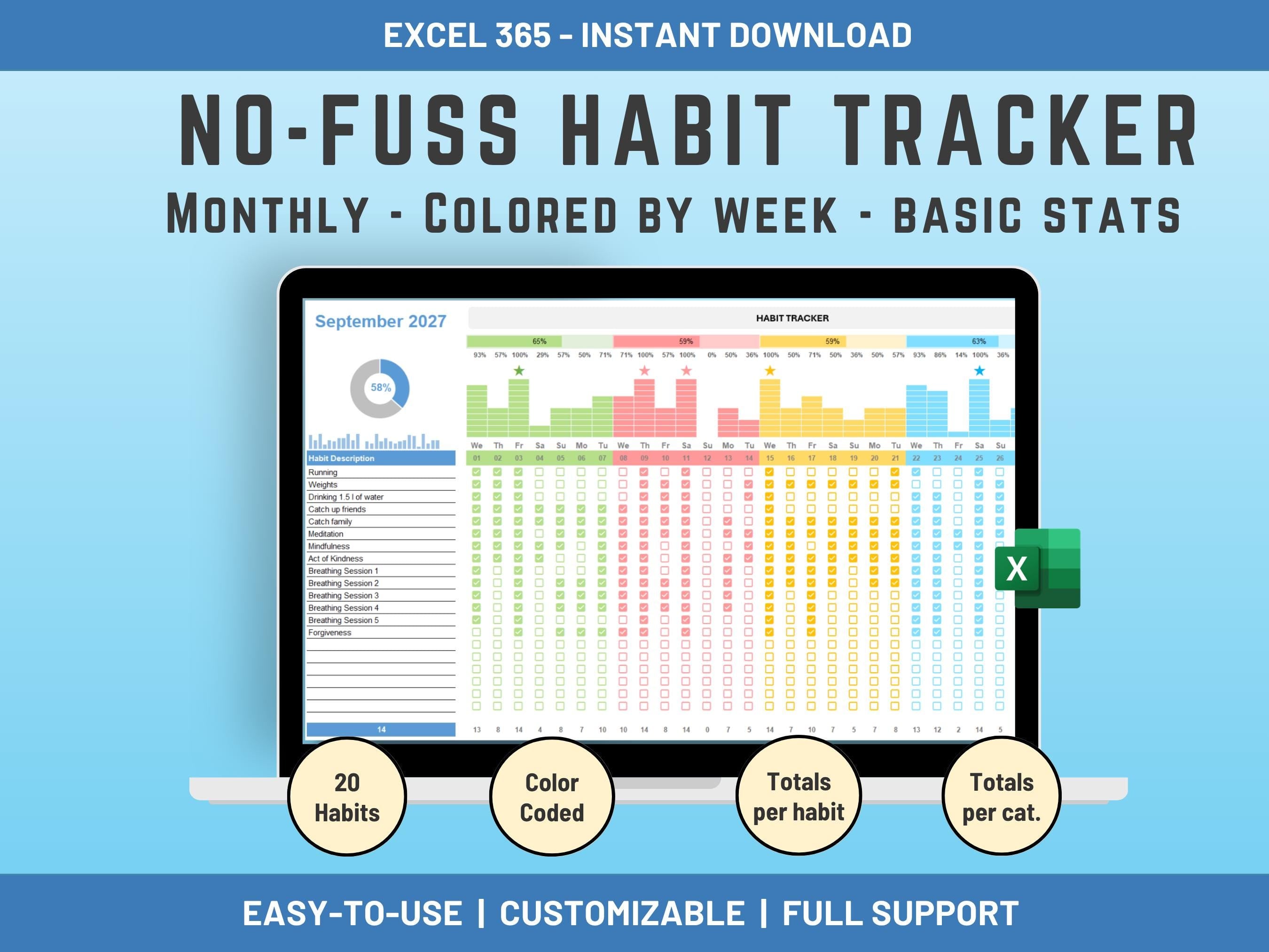 Monthly Excel Habit Tracker Template – Color-Coded, 20 Habits, Stats & Progress Overview, Digital Instant download, Log Tasks and ToDo Lists
