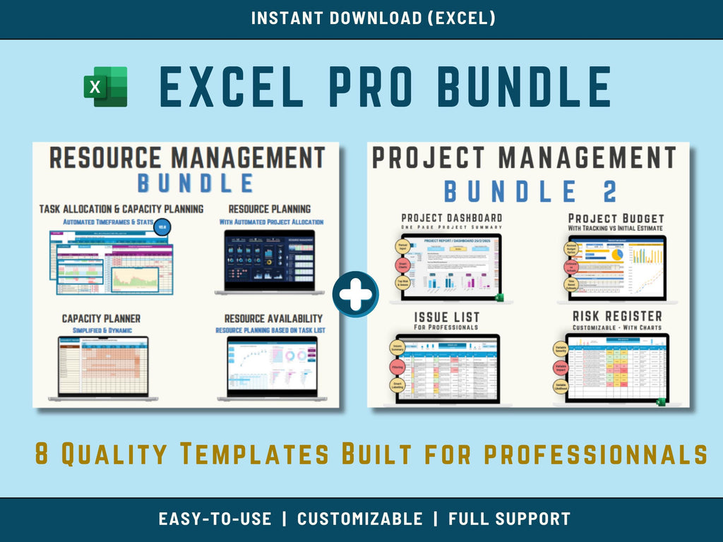 Project Management, Resource Management, Habit Tracker Pro Excel Bundle all in one. Instant Download Template