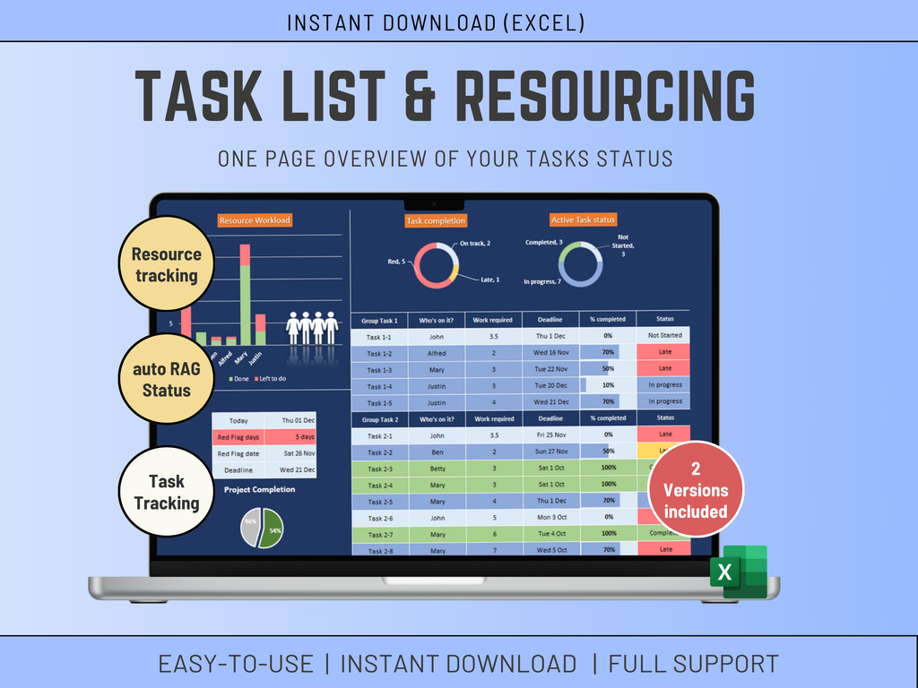 Excel Task list with Resourcing and charts
