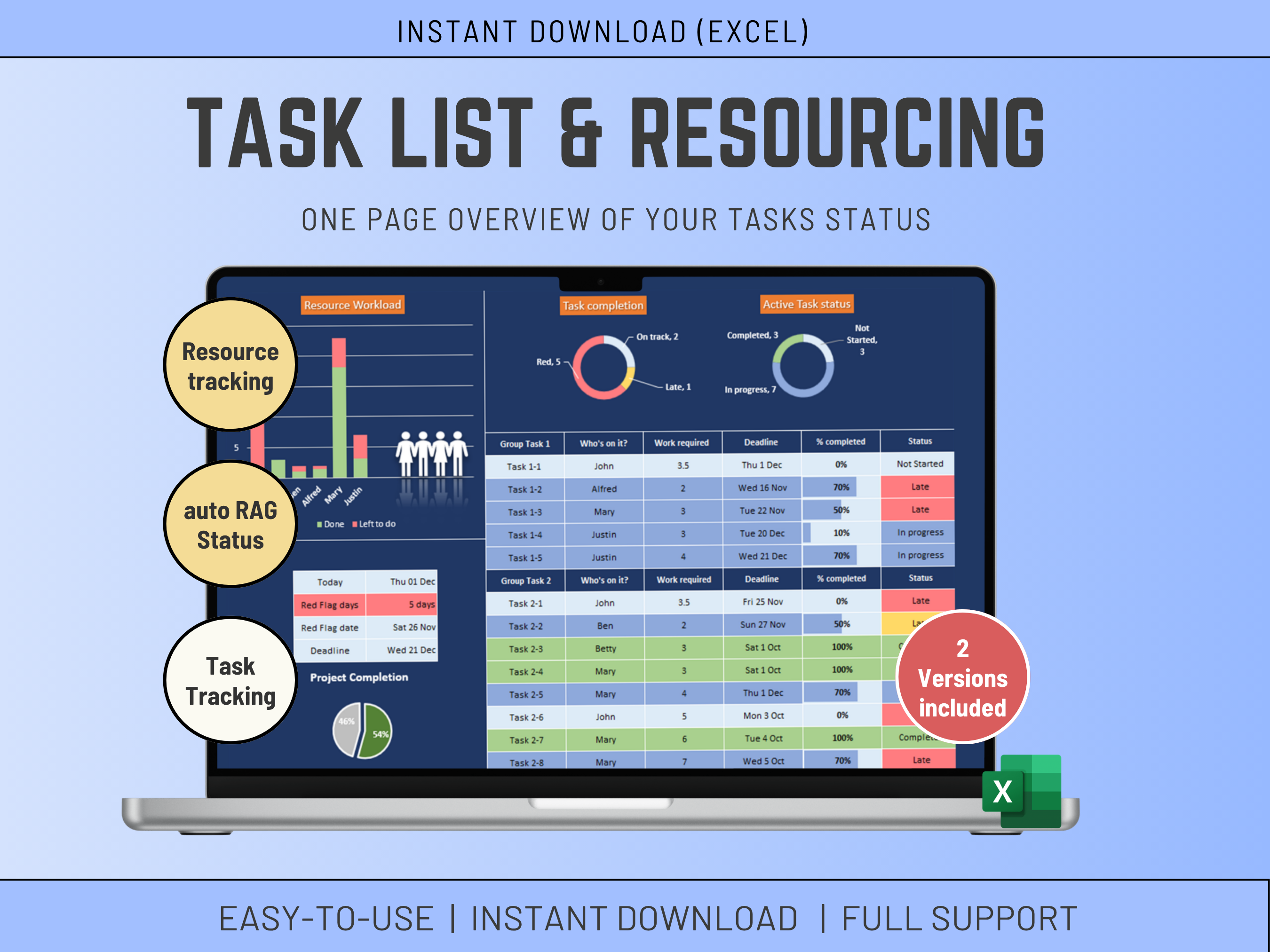Excel Task list with Resourcing and charts
