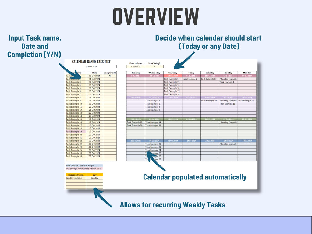 Excel Calendar Based Task List, Task Management Automated, Download Template, Task Tracker and To-Do List, Productivity and Project Mgt