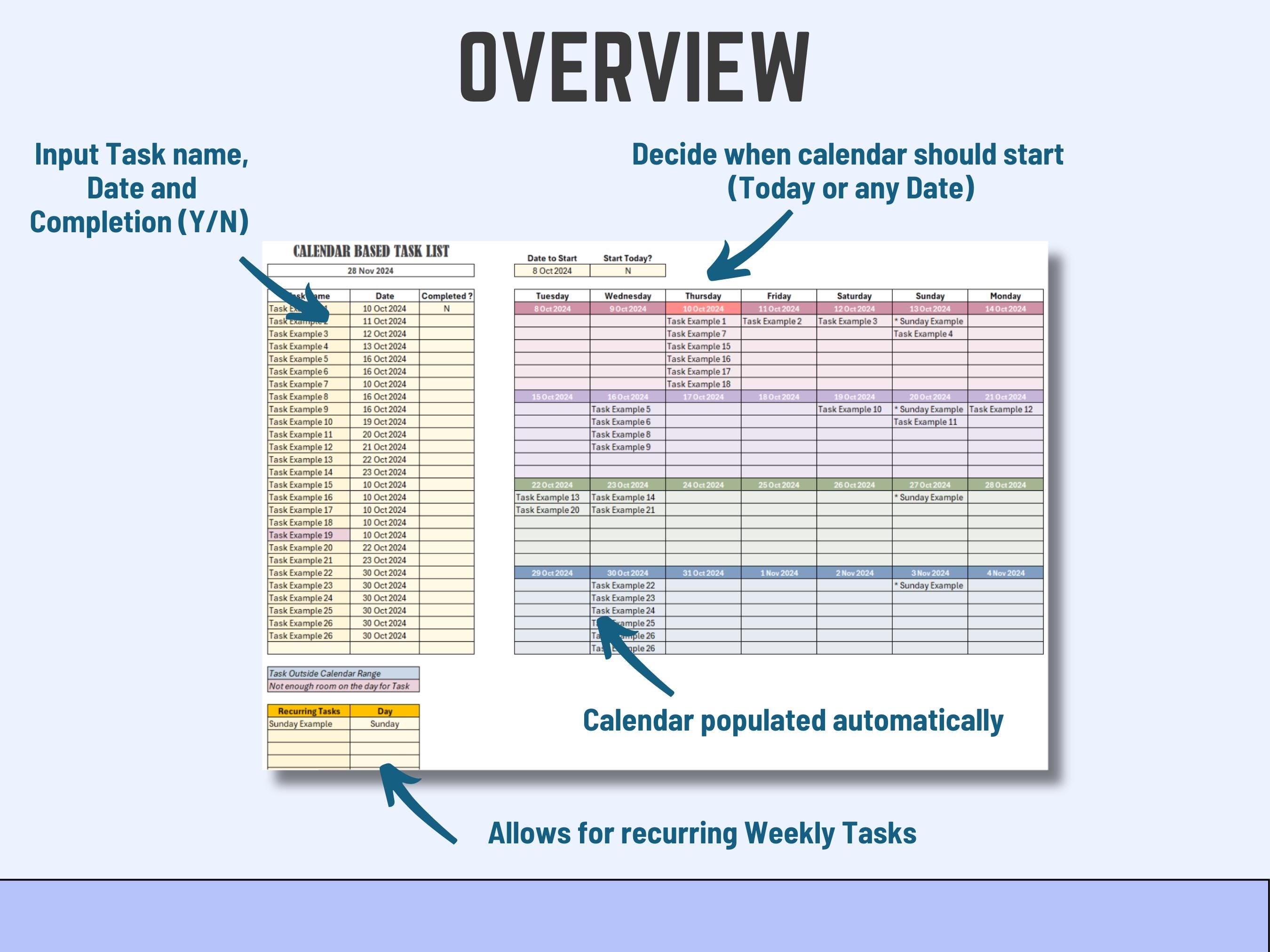 Excel Calendar Based Task List, Task Management Automated, Download Template, Task Tracker and To-Do List, Productivity and Project Mgt