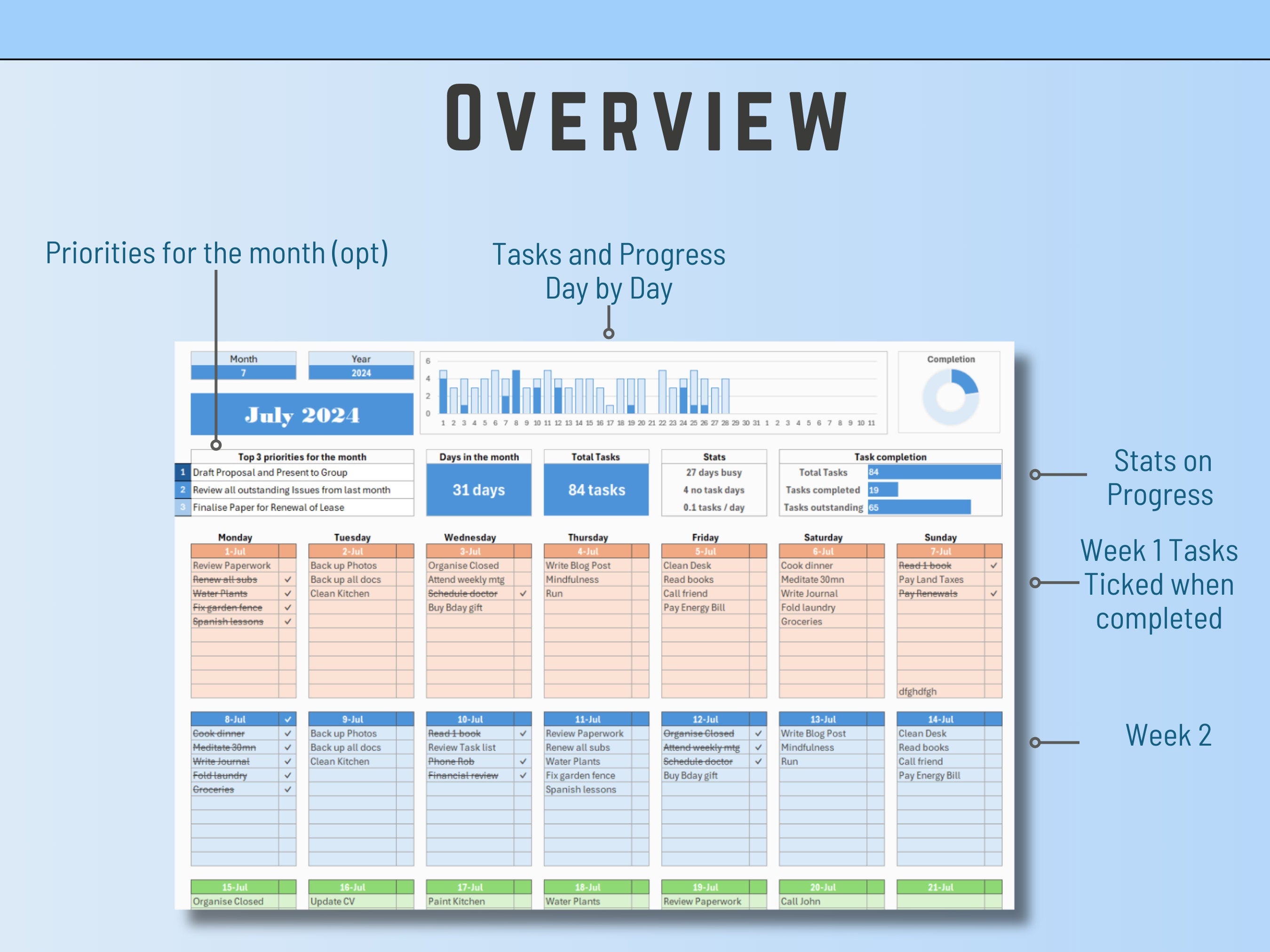 Excel Monthly To-Do list, Task List Template, Monthly Planner, Yearly To-Do List, Task Activities, digital calendar, daily checklist