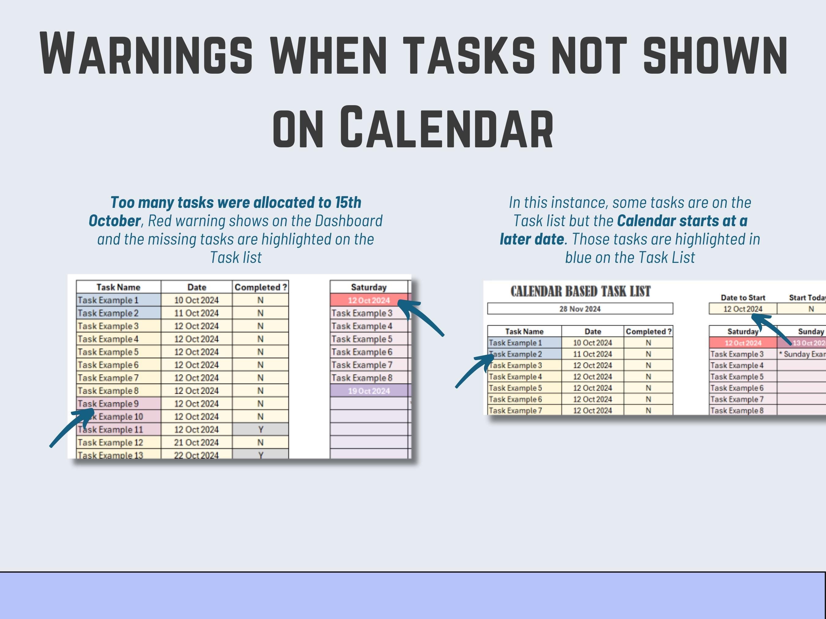 Excel Calendar Based Task List, Task Management Automated, Download Template, Task Tracker and To-Do List, Productivity and Project Mgt