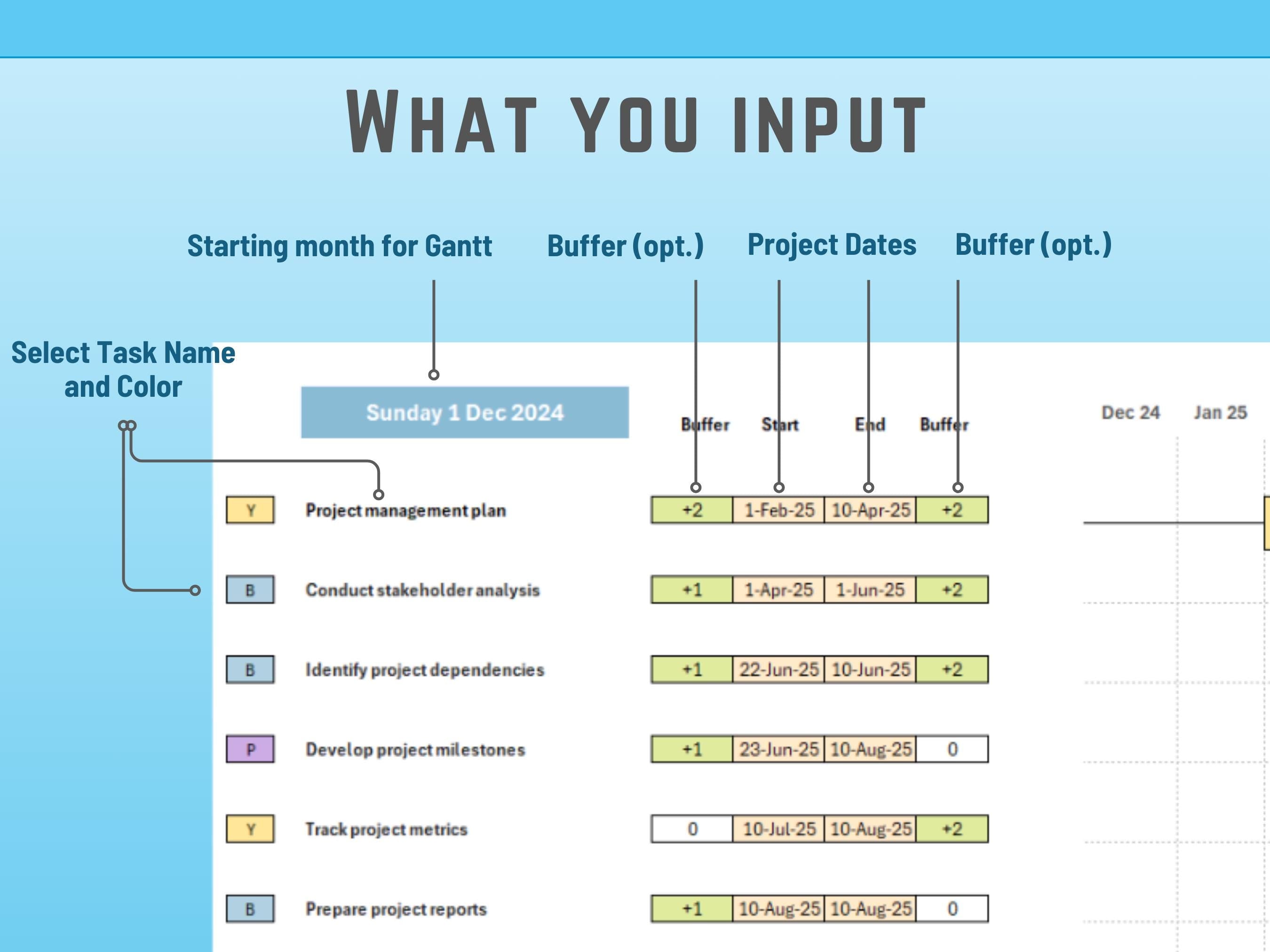 Excel Monthly Timeline Gantt, Excel Template, Buffers Lags and contingencies, Instant Download, Scheduling, Planning, Yearly Planning