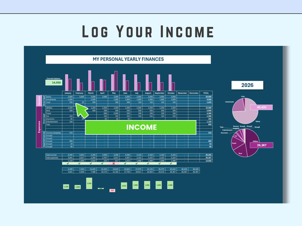 Excel Personal Finances 12 months | Income and Expenses | Summary Charts | Digital Download