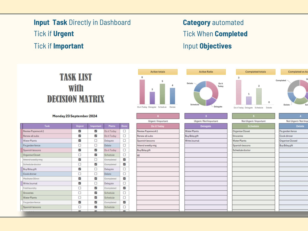 Decision Matrix (other Excel versions), Eisenhower Matrix Excel Template, Customizable Task Priority Tracker, Urgent / Important Template, Task List, To-do List