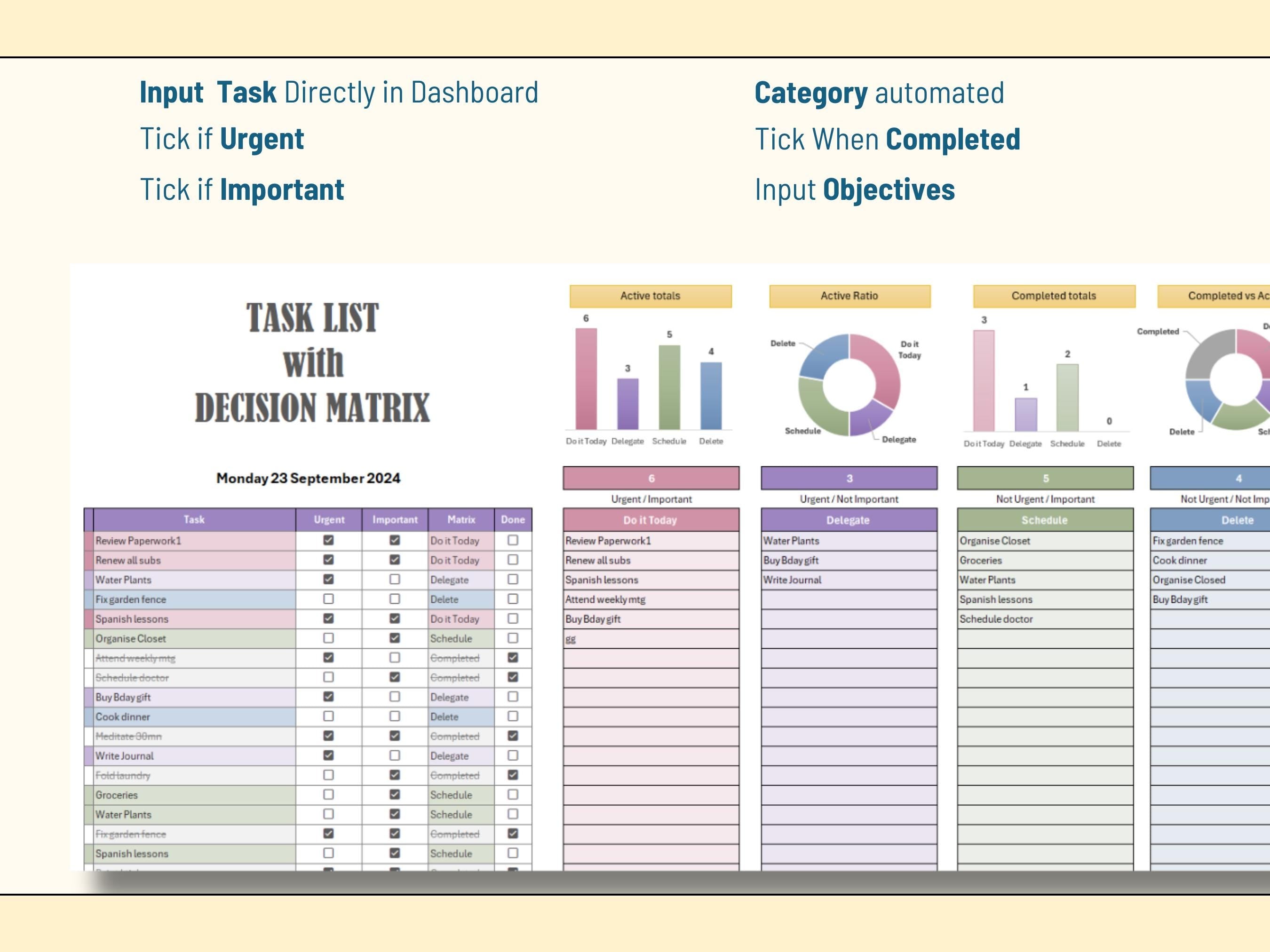Decision Matrix (other Excel versions), Eisenhower Matrix Excel Template, Customizable Task Priority Tracker, Urgent / Important Template, Task List, To-do List