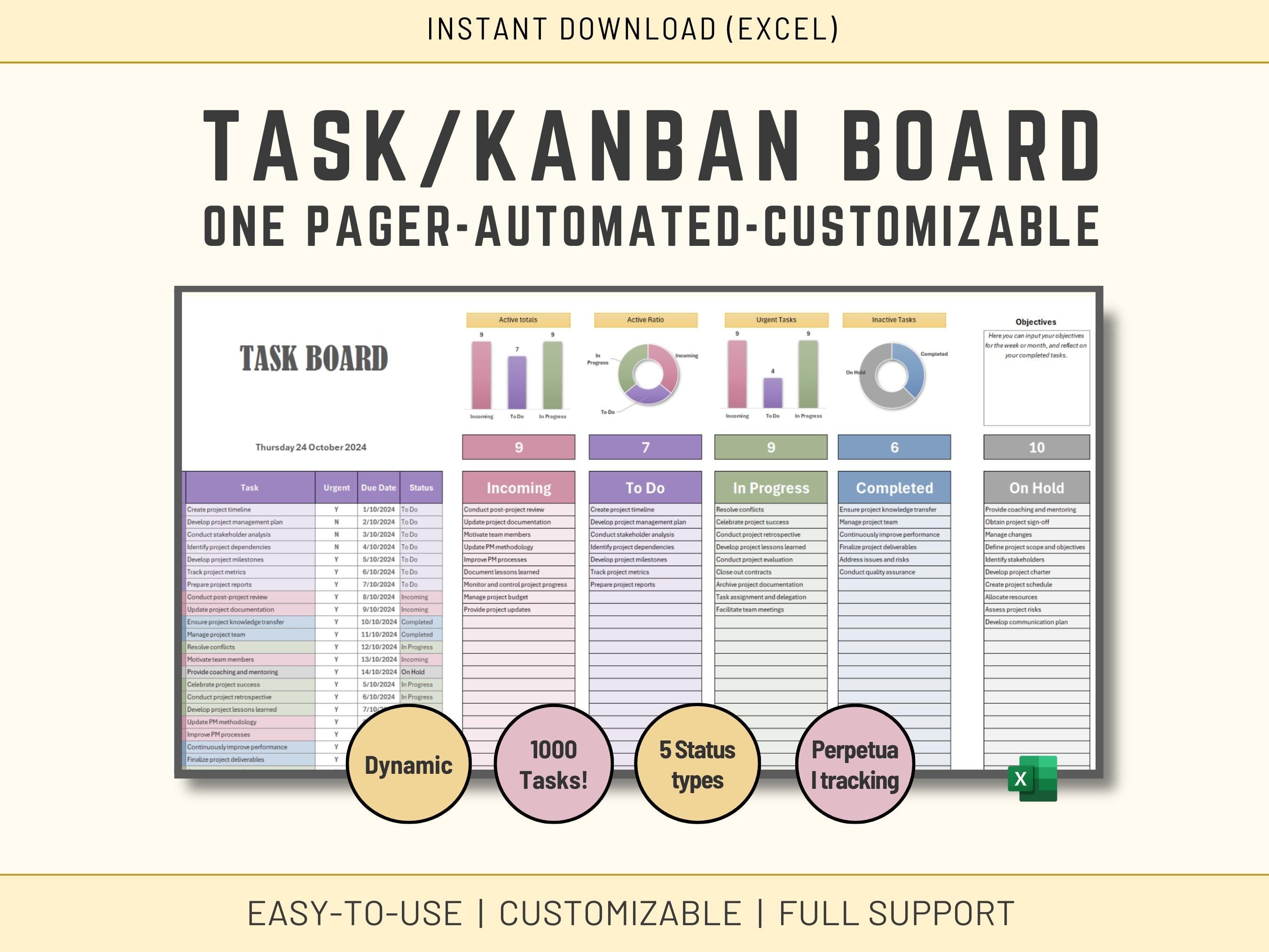 One-Page Kanban Task or To Do List Board Excel Template, Download Now, Customizable, 1000 Tasks, On Hold, Incoming, Task Tracker, Urgent