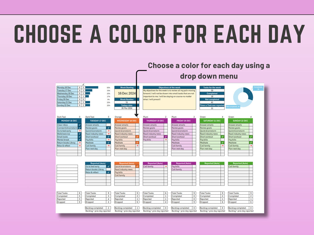 Weekly To-Do List with Automated Backlog in Excel | Planner | Weekly Planner Template | Color Coded Digital Product