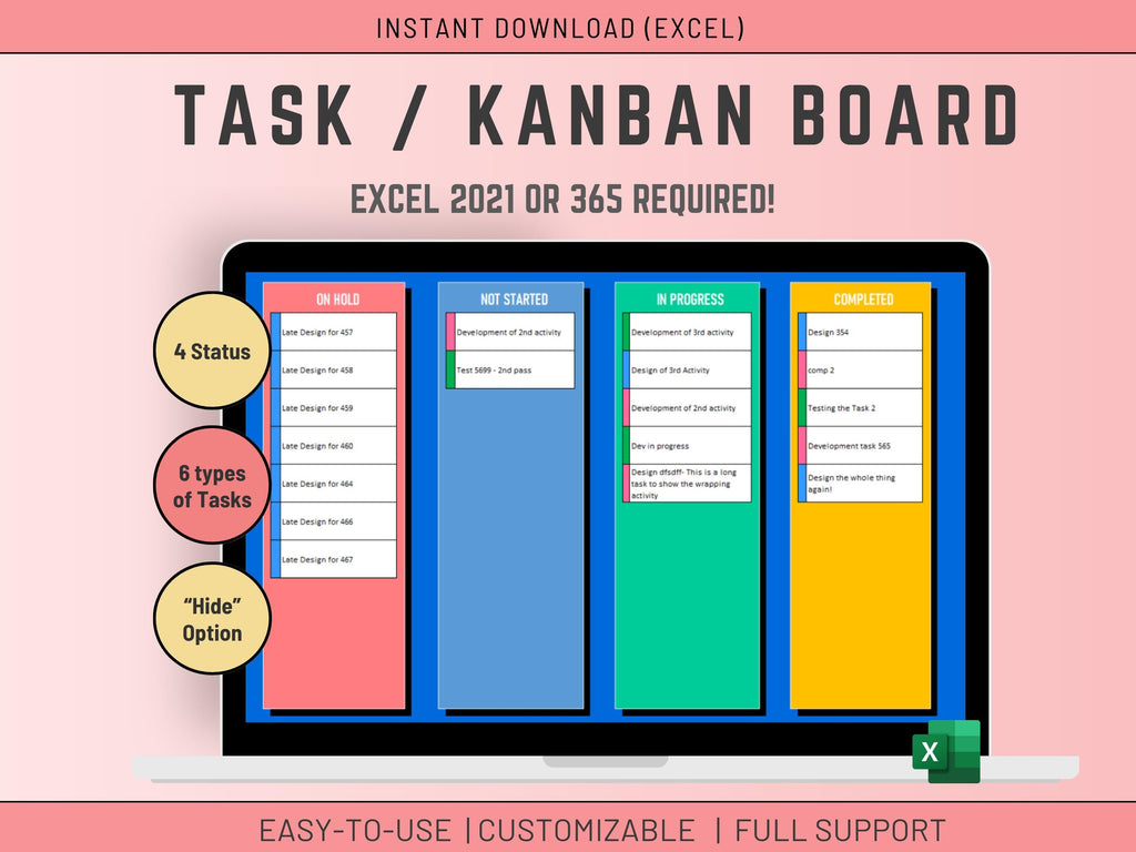 Kanban Board Task List template Excel 365 only Agile Development Project Management Task Tracking and Progress