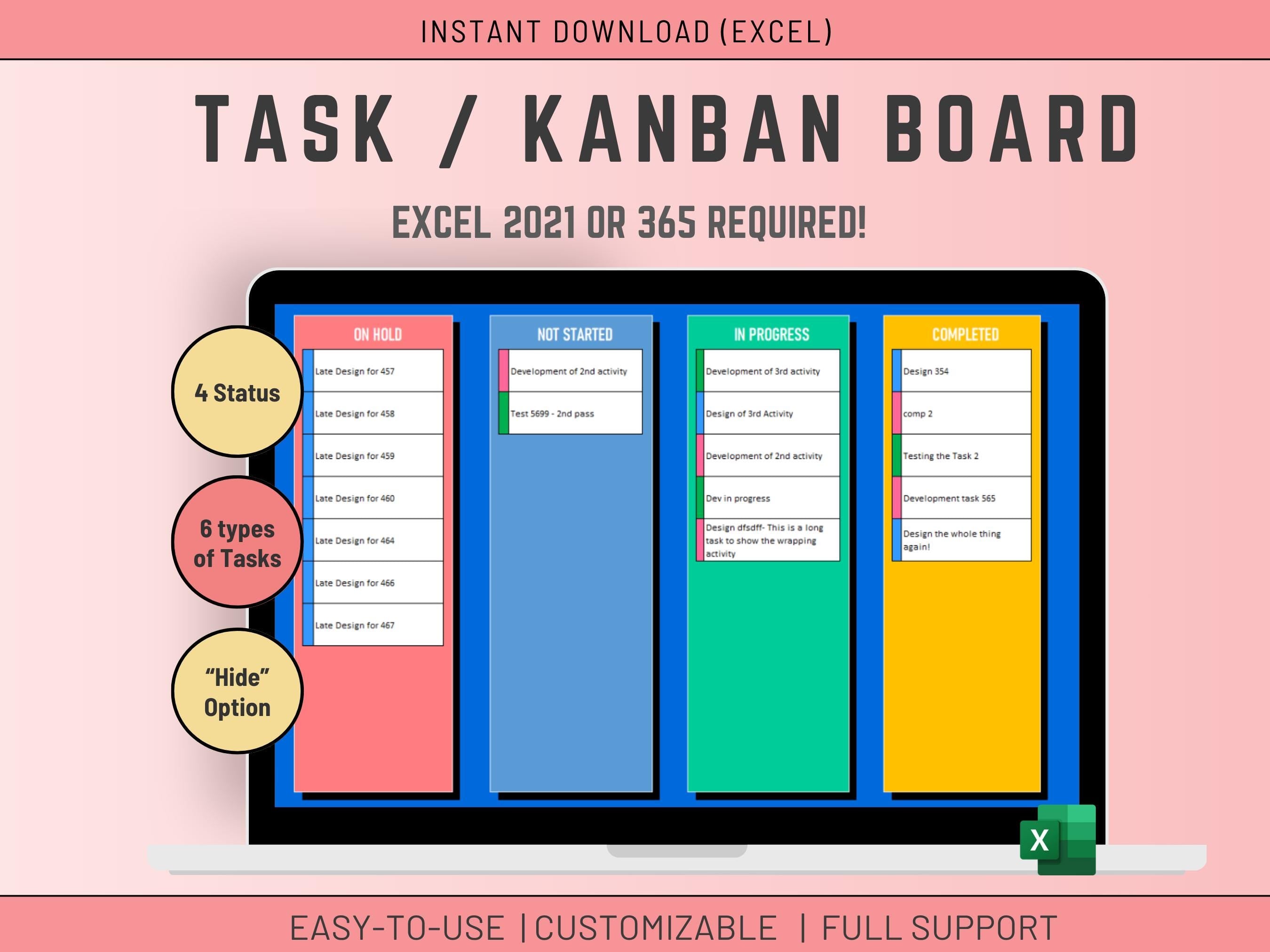 Kanban Board Task List template Excel 365 only Agile Development Project Management Task Tracking and Progress