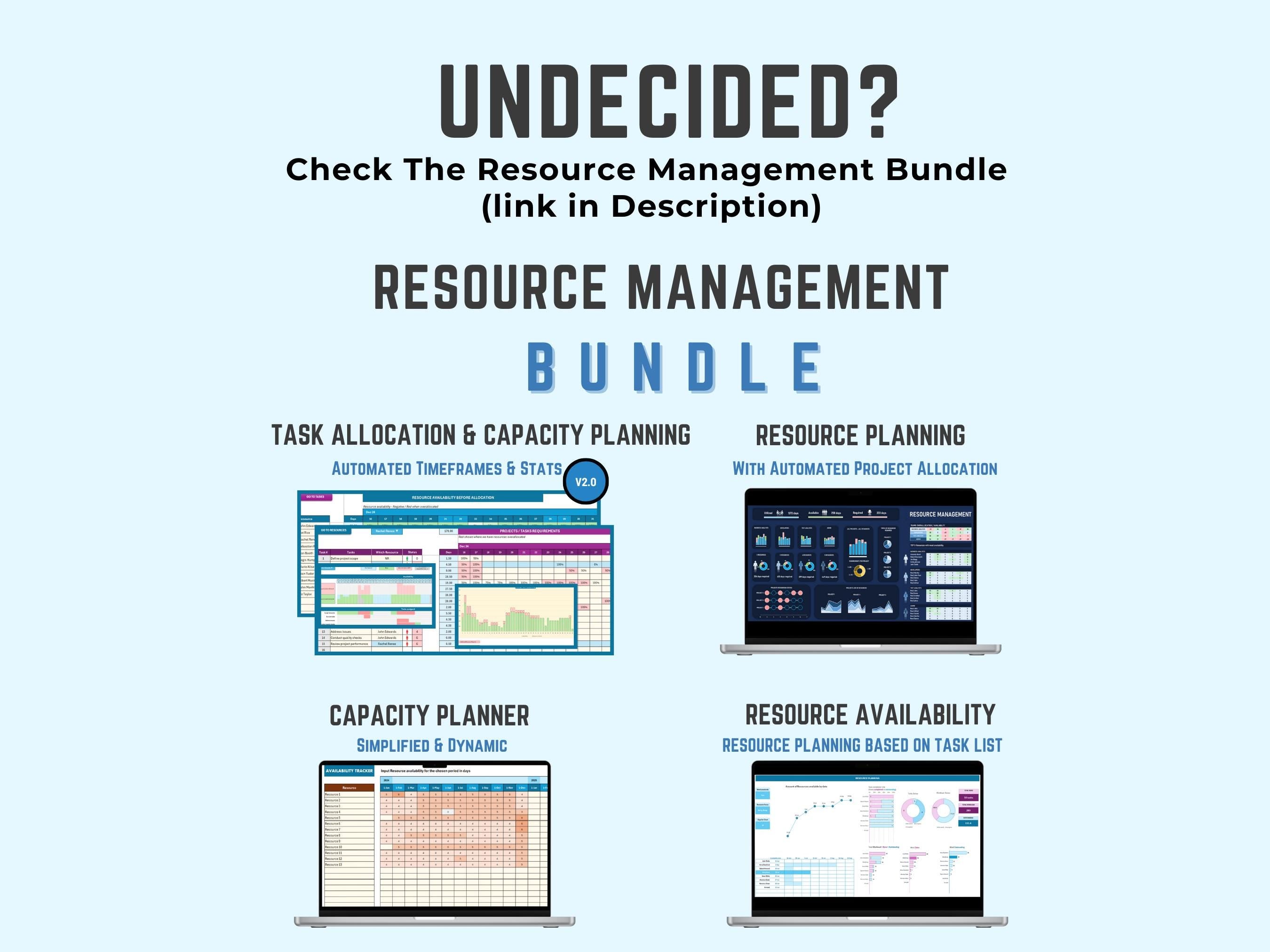 EXCEL Automated Resource Management  4 resource Types / 3 projects, Project Management, Availability Tracking, Resource planning