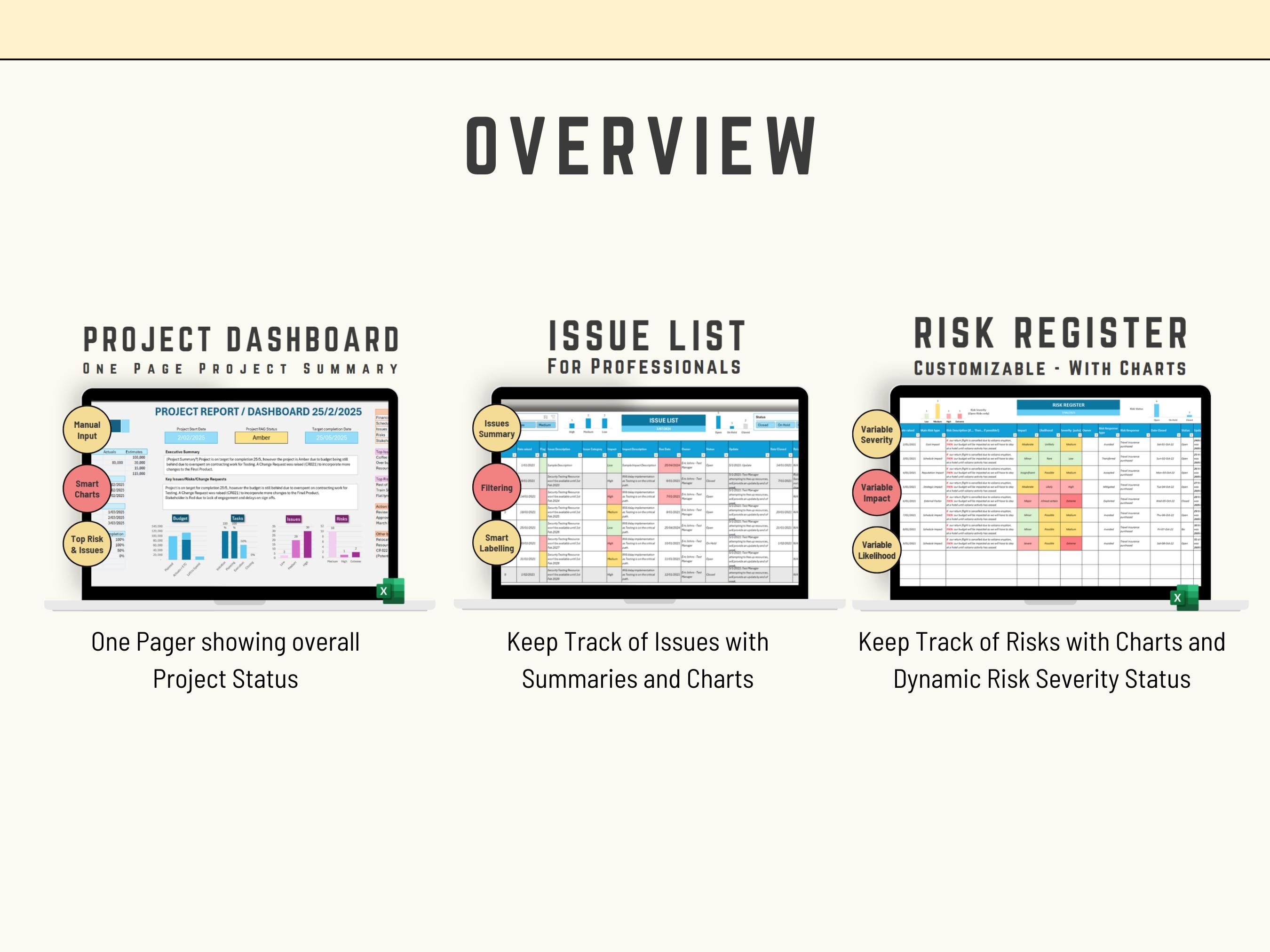 Excel Project Management Pack, Project Status Dashboard, Risk Register and Issue Log
