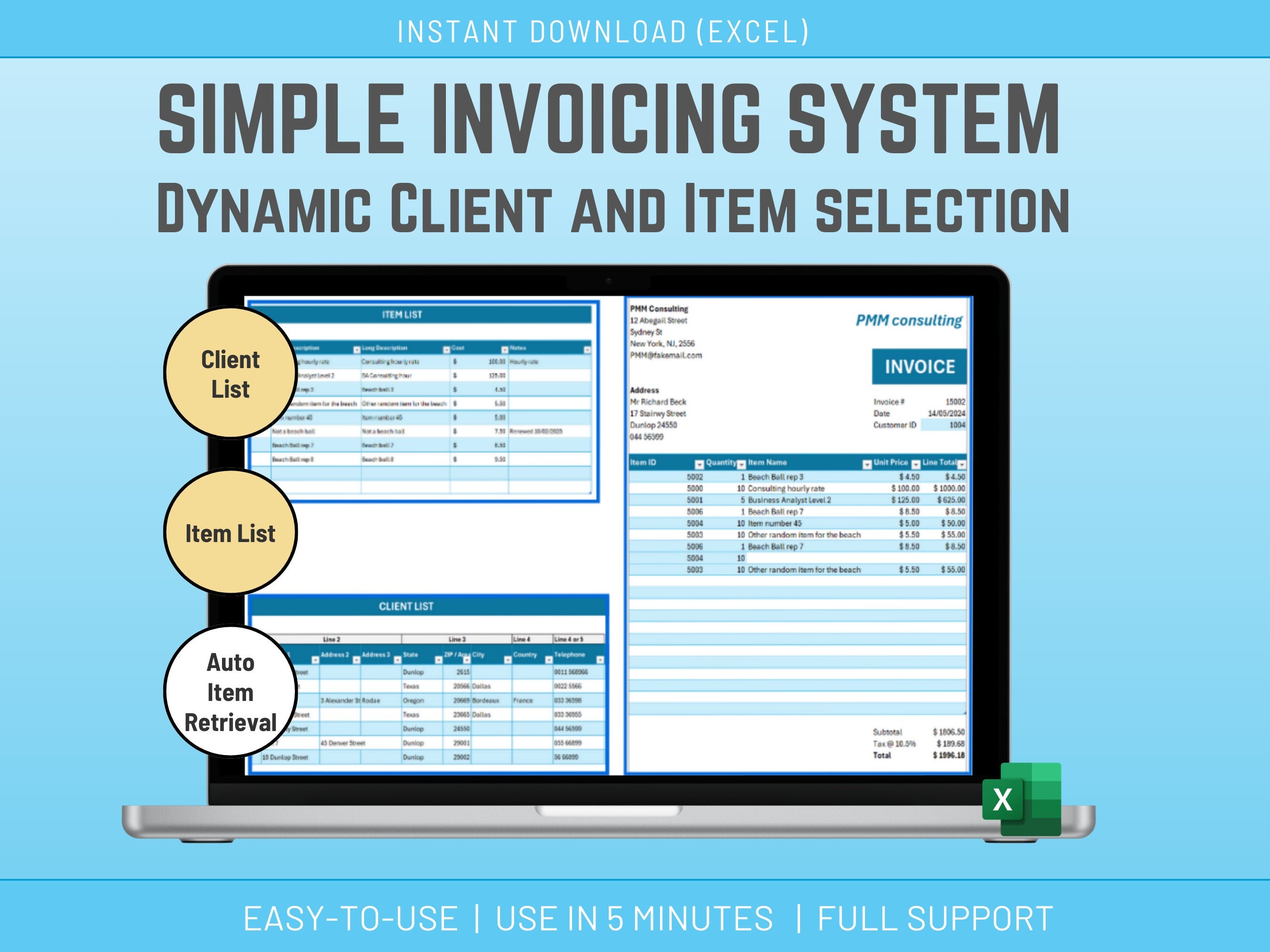 Excel Invoice Template: Client & Product List, Small Business Accounting (Digital Download)