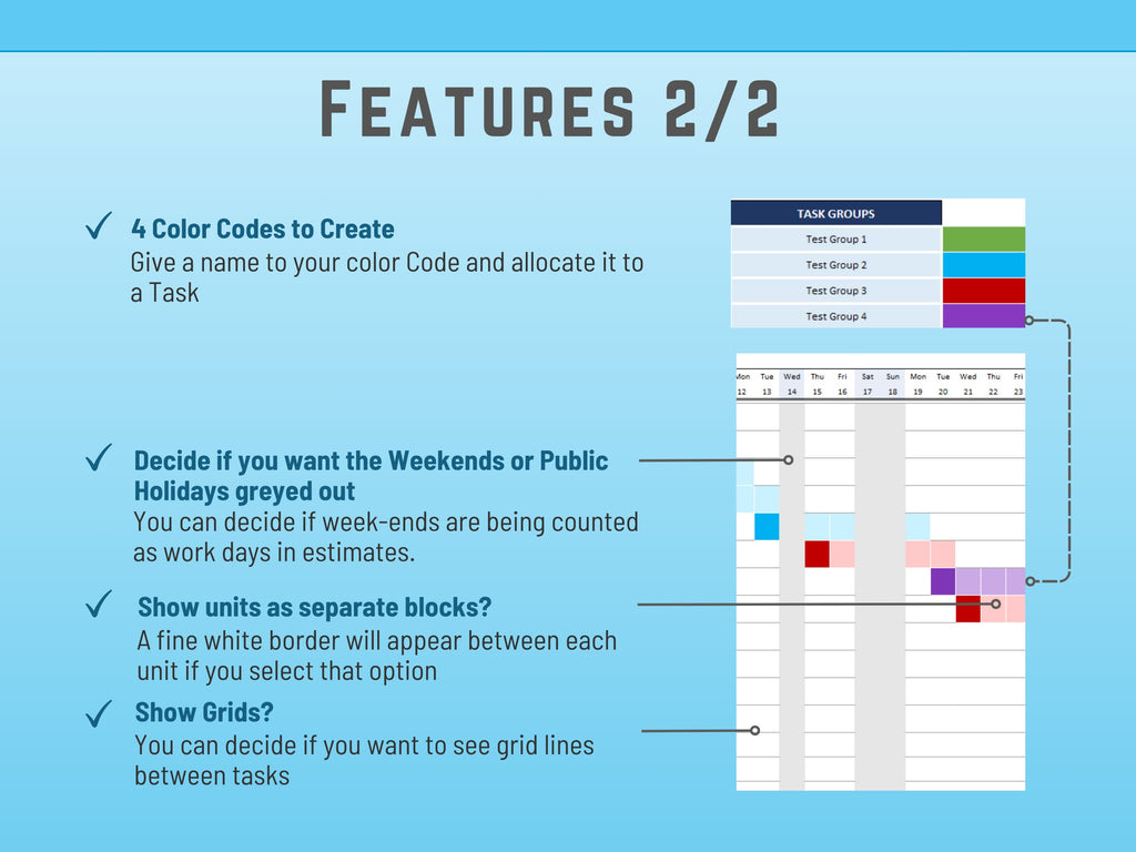 Gantt Chart in Excel - Scheduling tool with Dependencies and Team Summary Task Dependency Team color allocation, Microsoft MS project