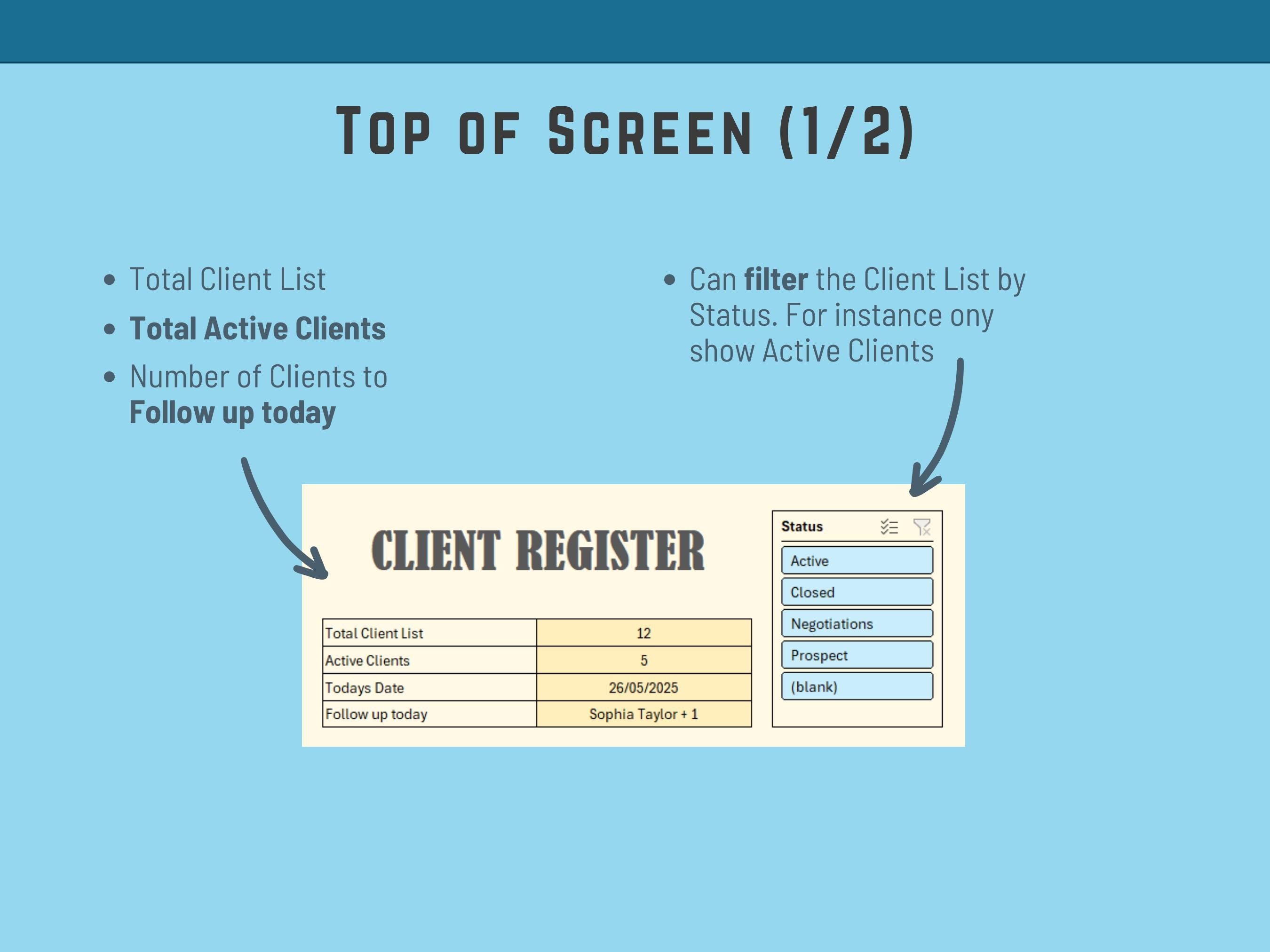 Client Register Excel Template | Automated Client Management Spreadsheet | CRM Tracker for Small Business | Follow-Up & Status Dashboard