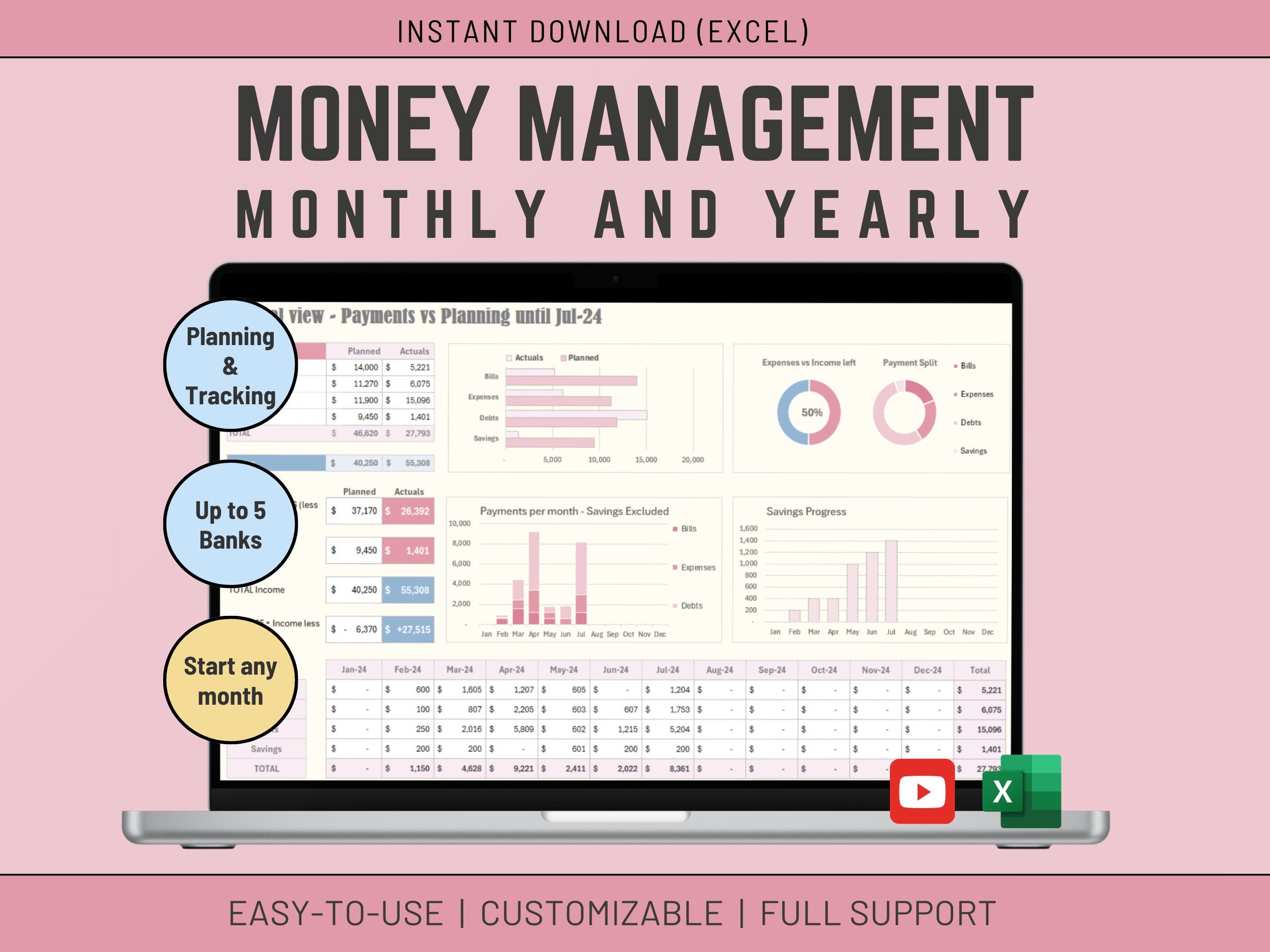 Excel Budget Planner: Monthly/Yearly Expense Tracker (Instant Download)