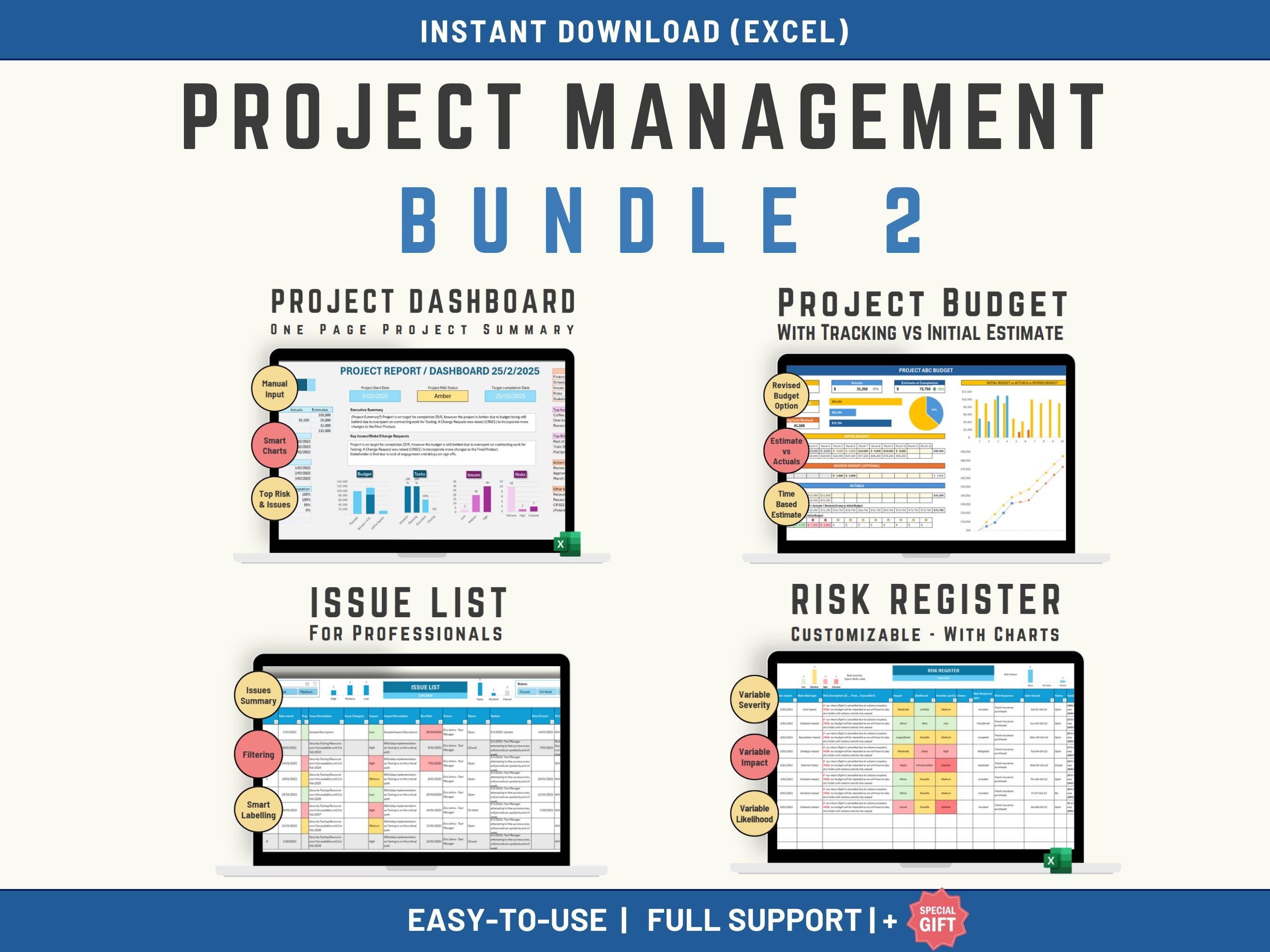 Excel Project Management Templates Bundle including a Project Report a Project Budget a Risk Register and an Issue Management or Log.