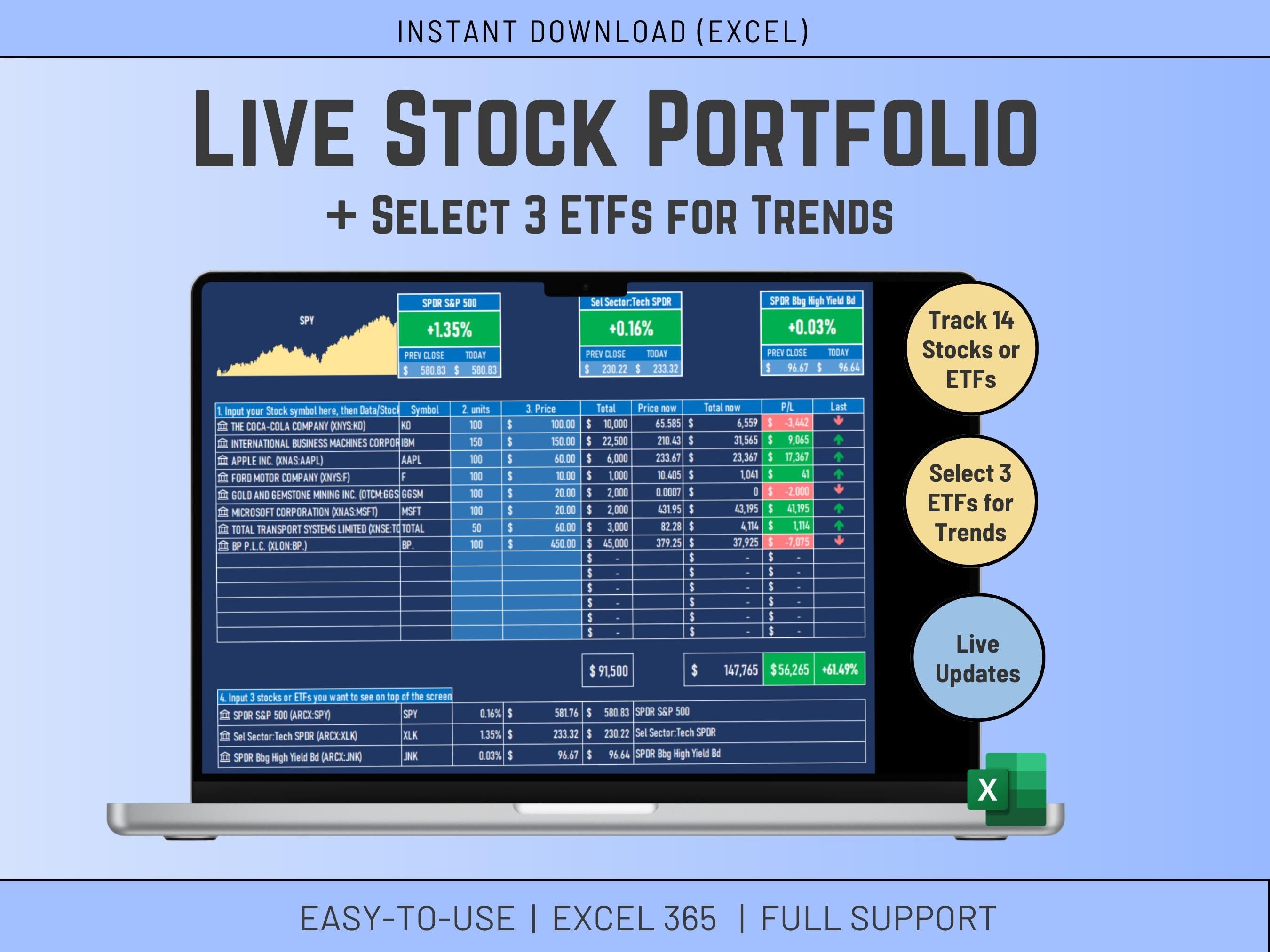 Stock & ETF Portfolio Tracker: Excel Template (Digital Download)