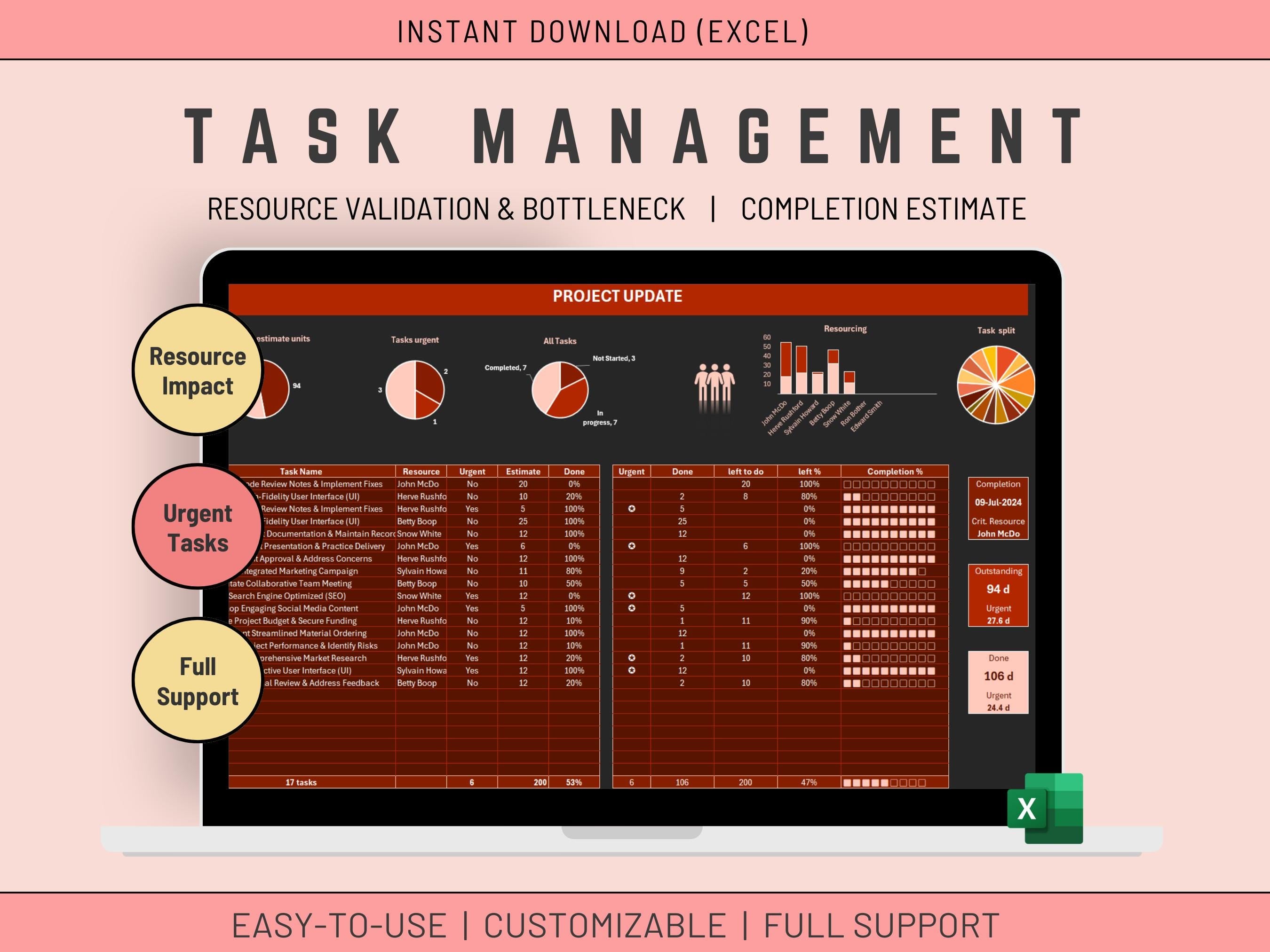 Excel Task List Dashboard: Project Management Template (Digital Product)