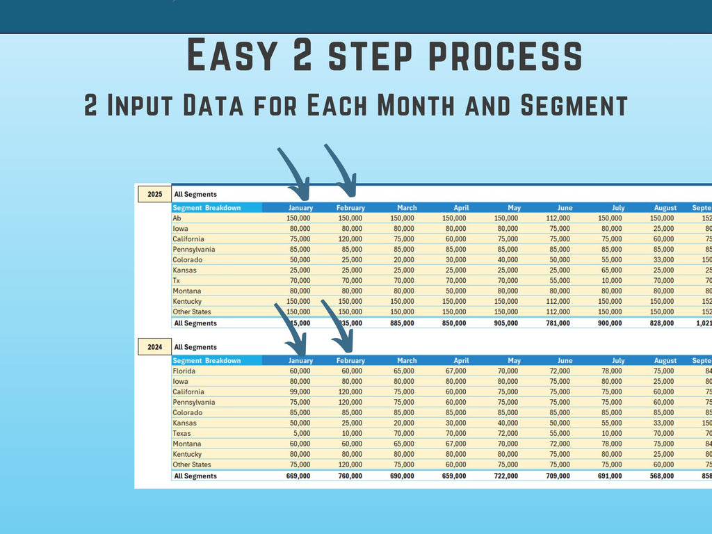 Excel Sales Data Year Segment Comparison dashboard, Segment and Sales Figures, Across Regions, Instant Download, Maps, Charts