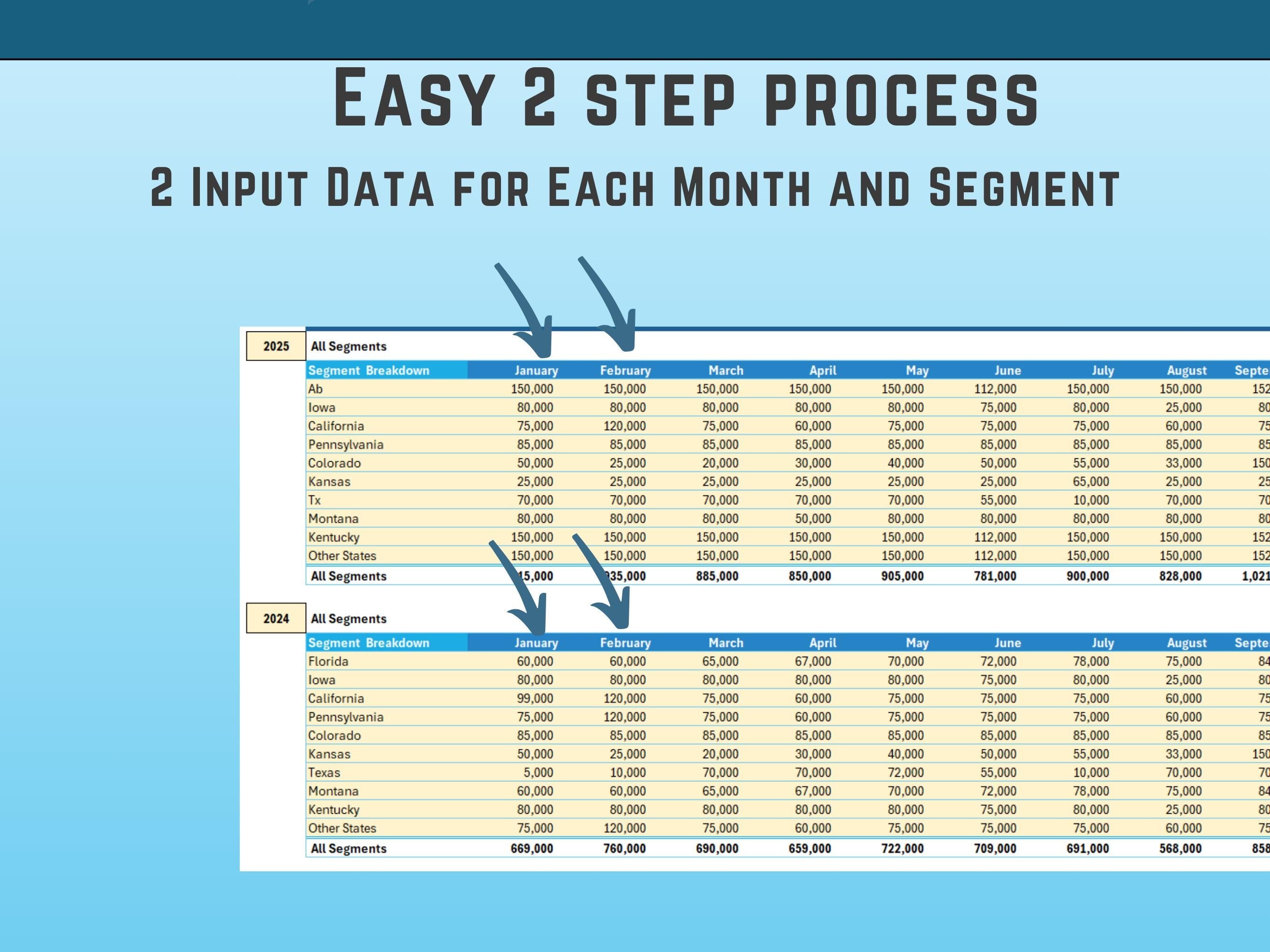 Excel Sales Data Year Segment Comparison dashboard, Segment and Sales Figures, Across Regions, Instant Download, Maps, Charts