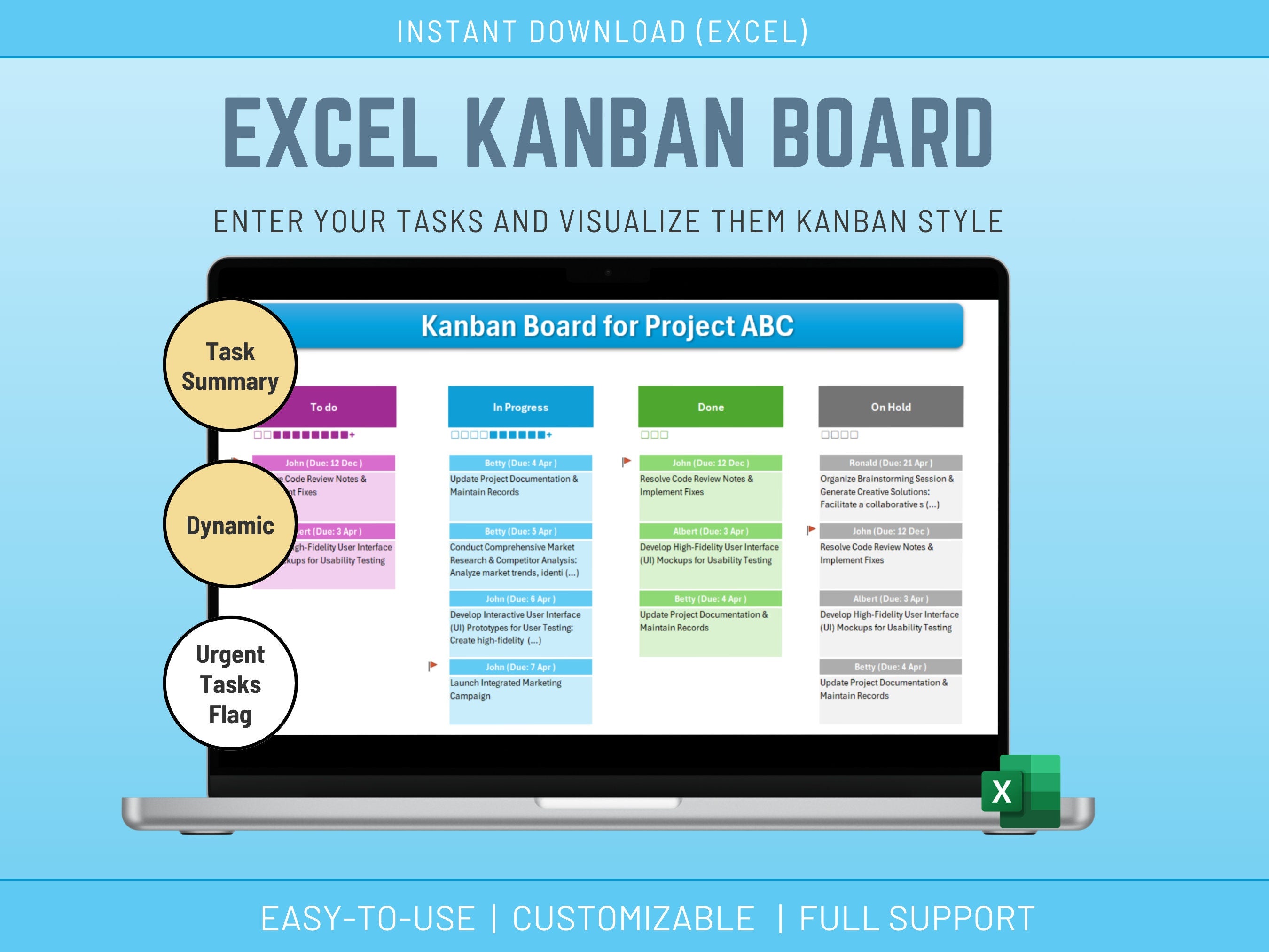 Excel Kanban Board, Task Board, Excel Task List and Tracking, Project Management, Agile Task Board, Instant Download Digital Item, Scrum