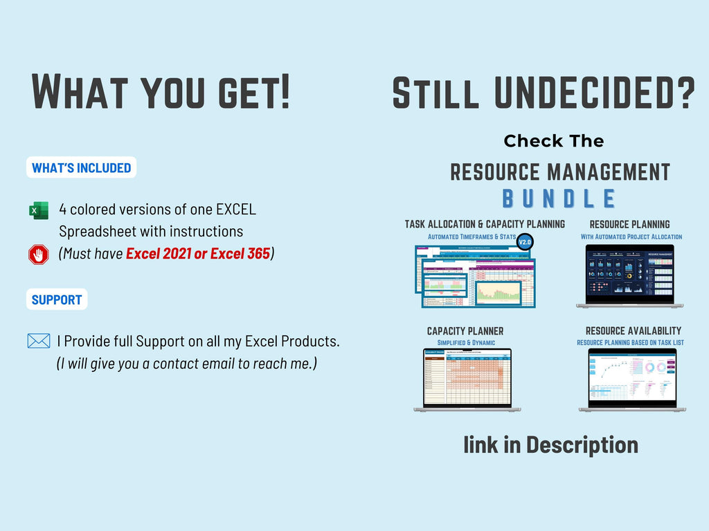 Excel Resource availability Dashboard: Capacity Planning, Workload Tracking and Resource Planner. Immediate Download Excel template