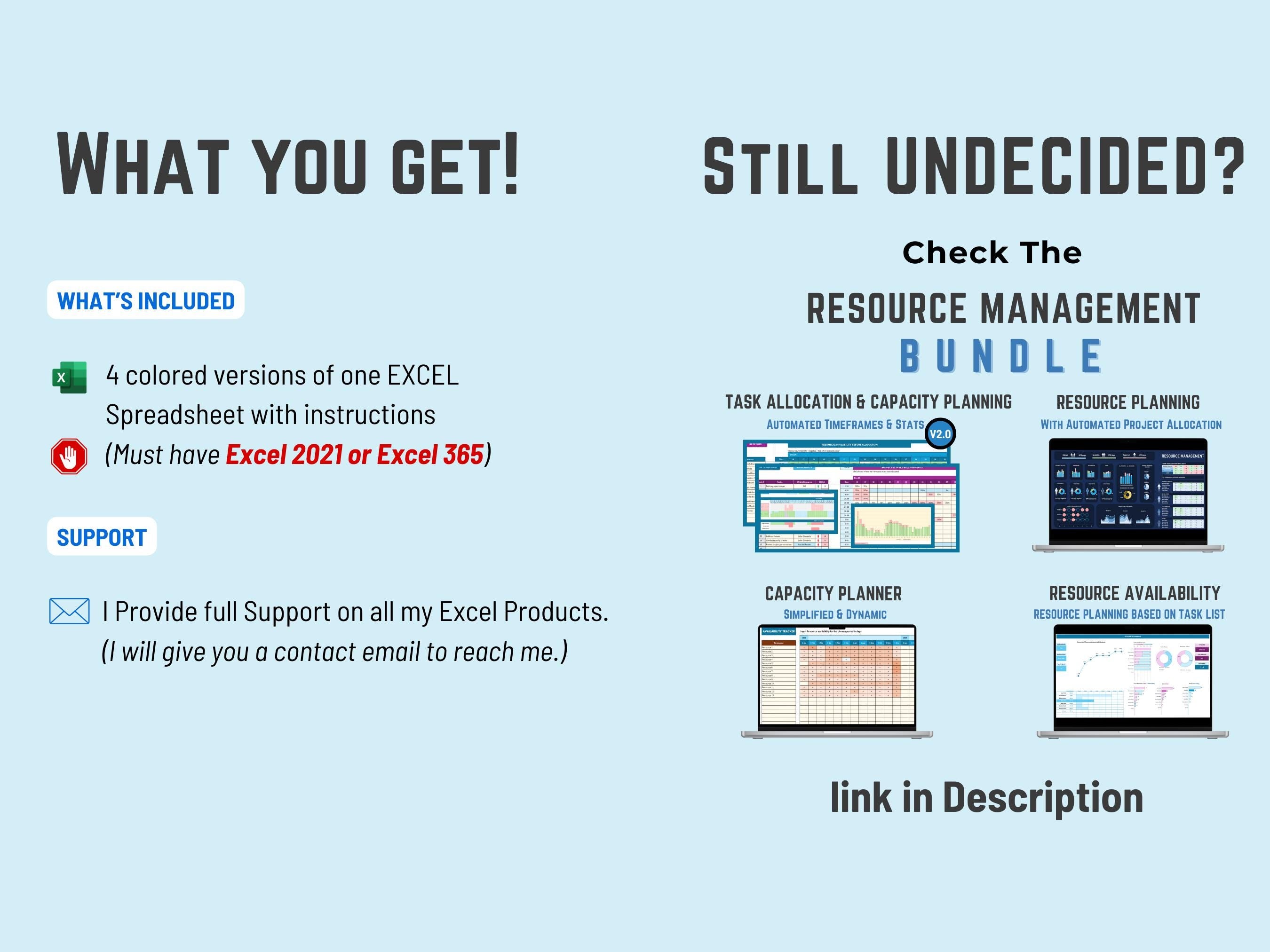 Excel Resource availability Dashboard: Capacity Planning, Workload Tracking and Resource Planner. Immediate Download Excel template