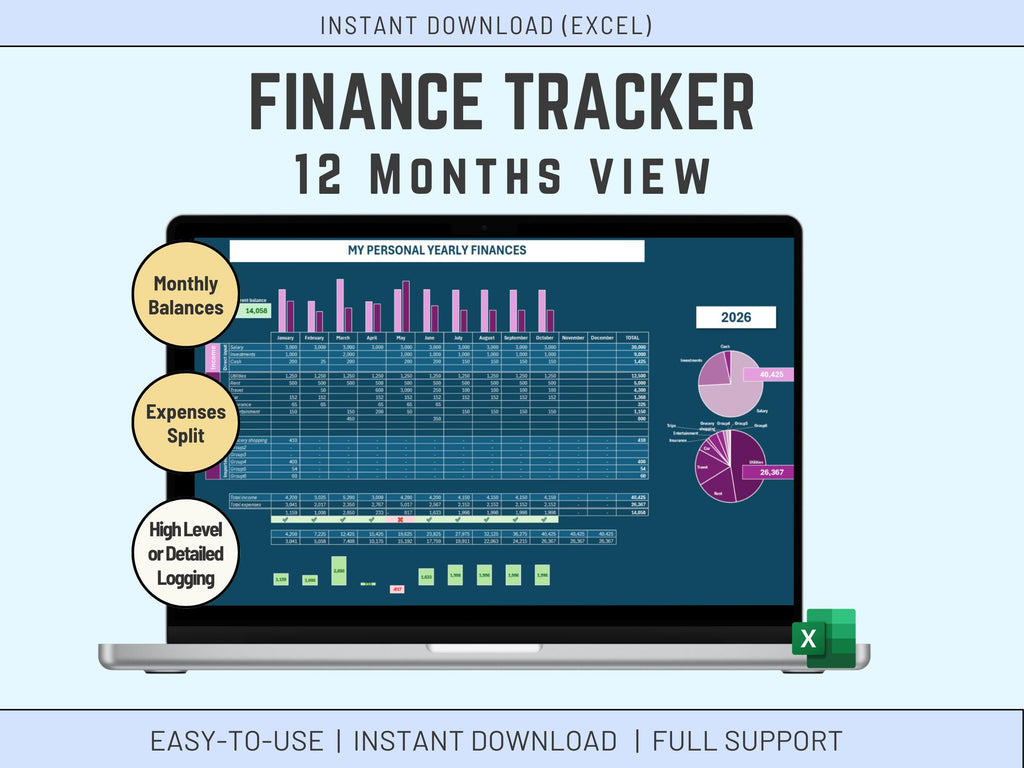 Excel Personal Finances 12 months | Income and Expenses | Summary Charts | Digital Download