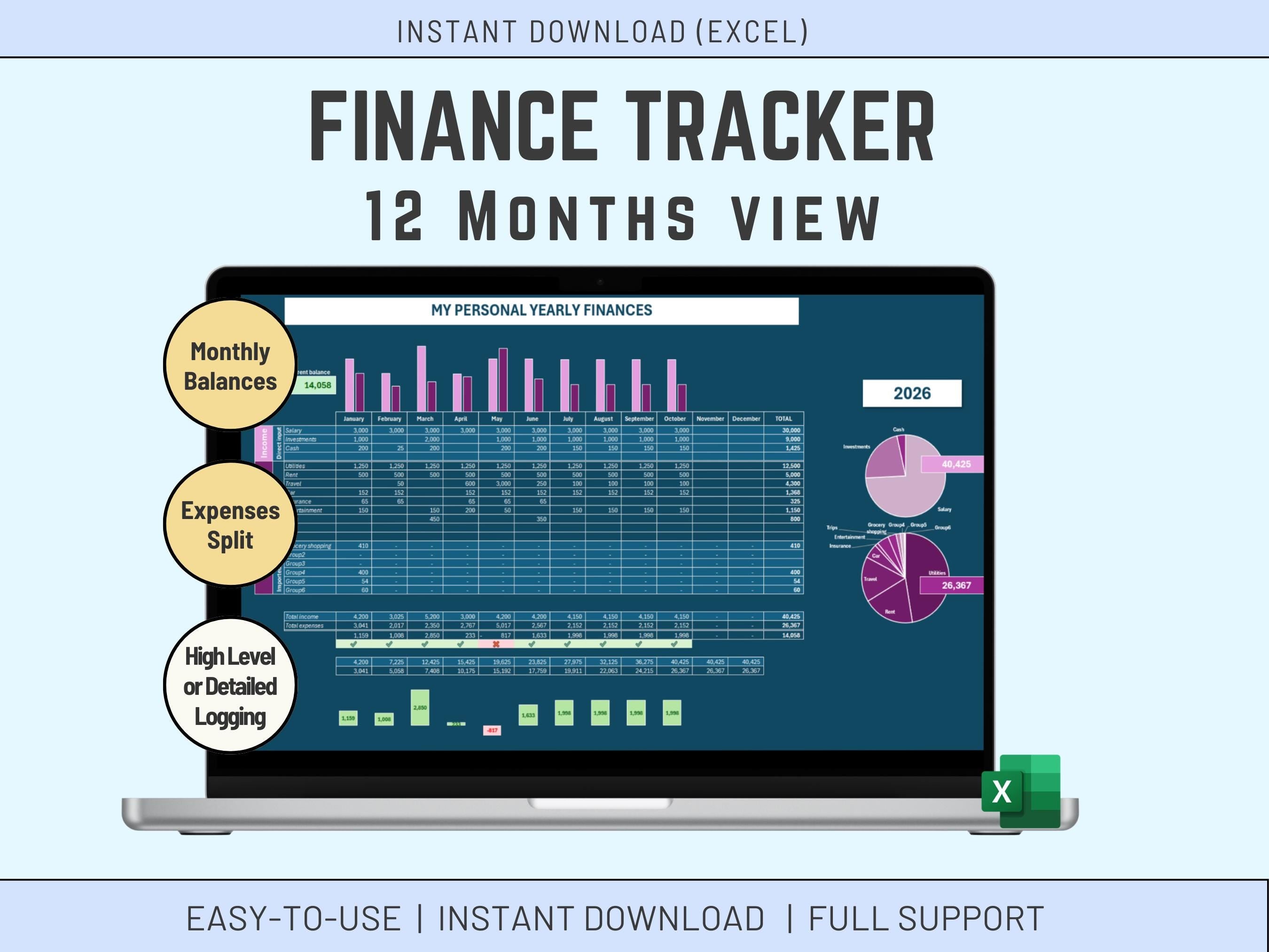 Excel Personal Finances 12 months | Income and Expenses | Summary Charts | Digital Download