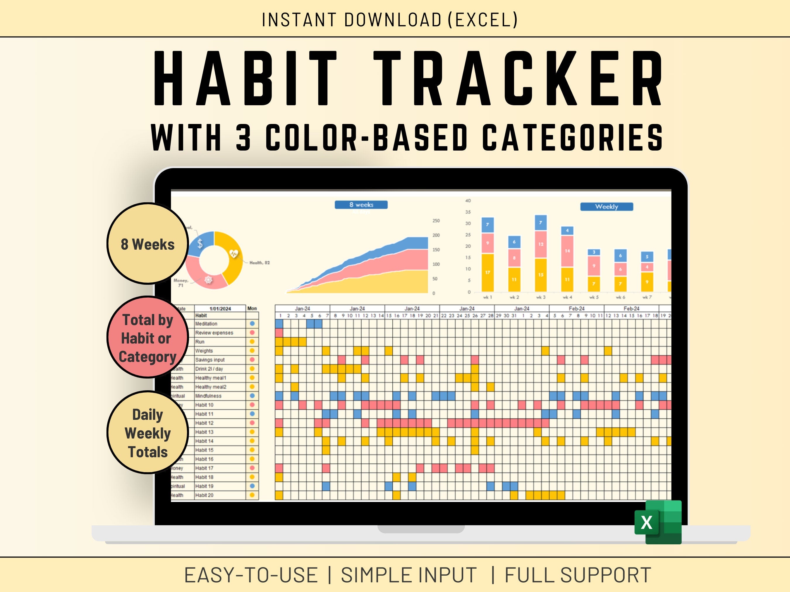 Excel Habit Tracker: Color-Coded, 20 Habits, 3 Categories (Digital Product)
