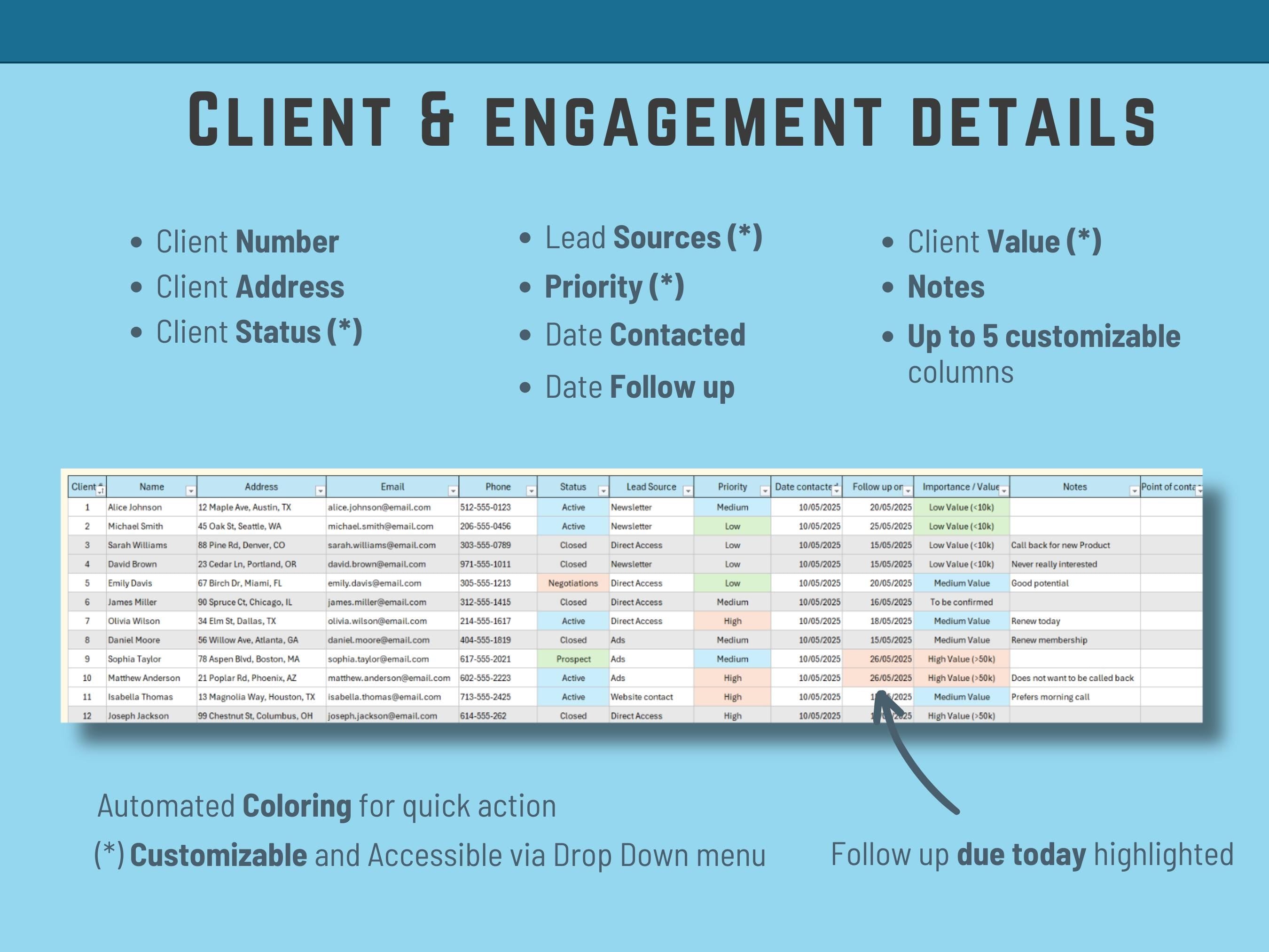 Client Register Excel Template | Automated Client Management Spreadsheet | CRM Tracker for Small Business | Follow-Up & Status Dashboard