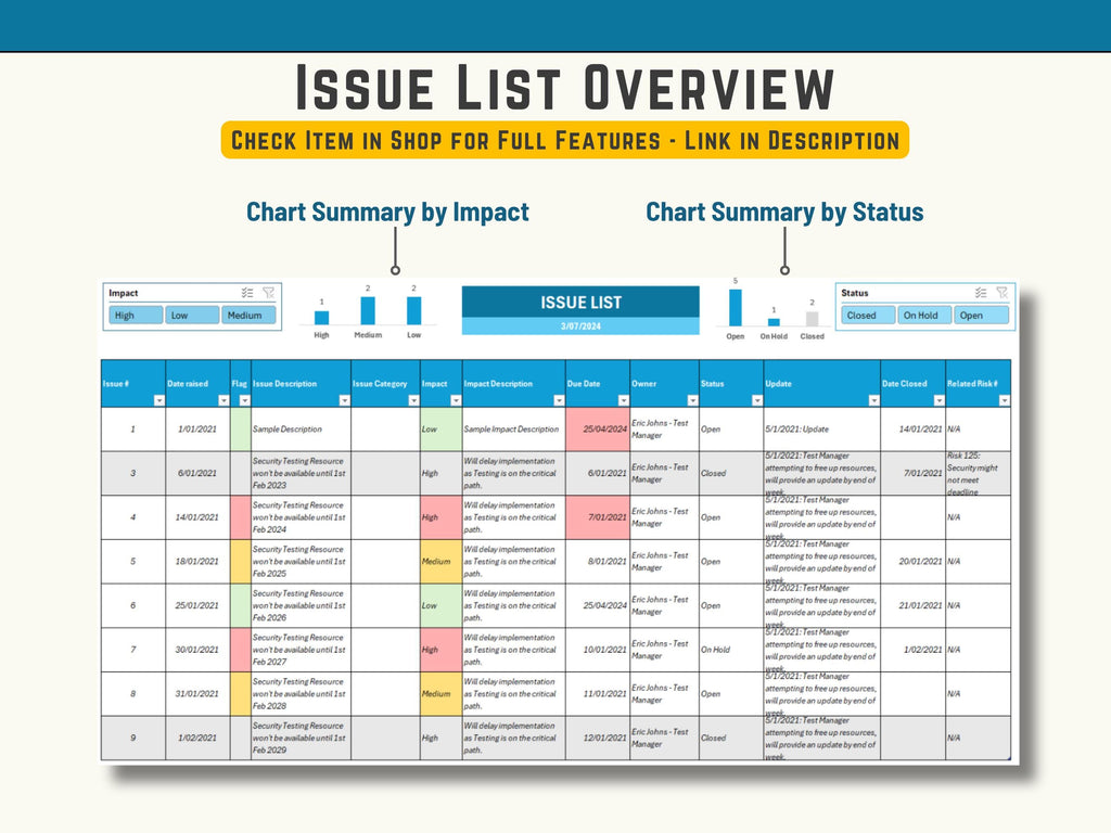 Excel Project Management Templates Bundle including a Project Report a Project Budget a Risk Register and an Issue Management or Log.