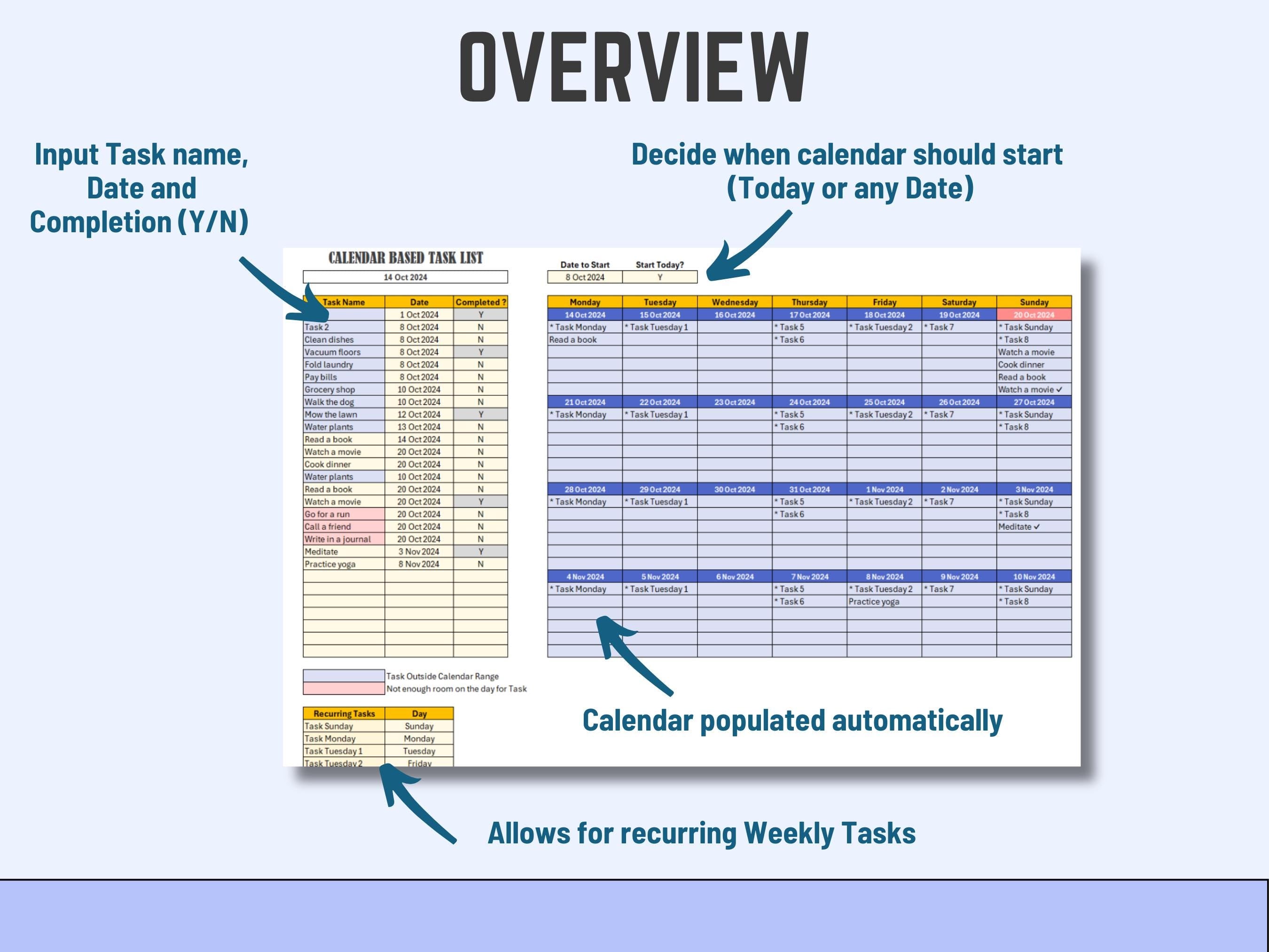 Excel Calendar Based Task List, Task Management Automated, Download Template, Task Tracker and To-Do List, Productivity and Project Mgt