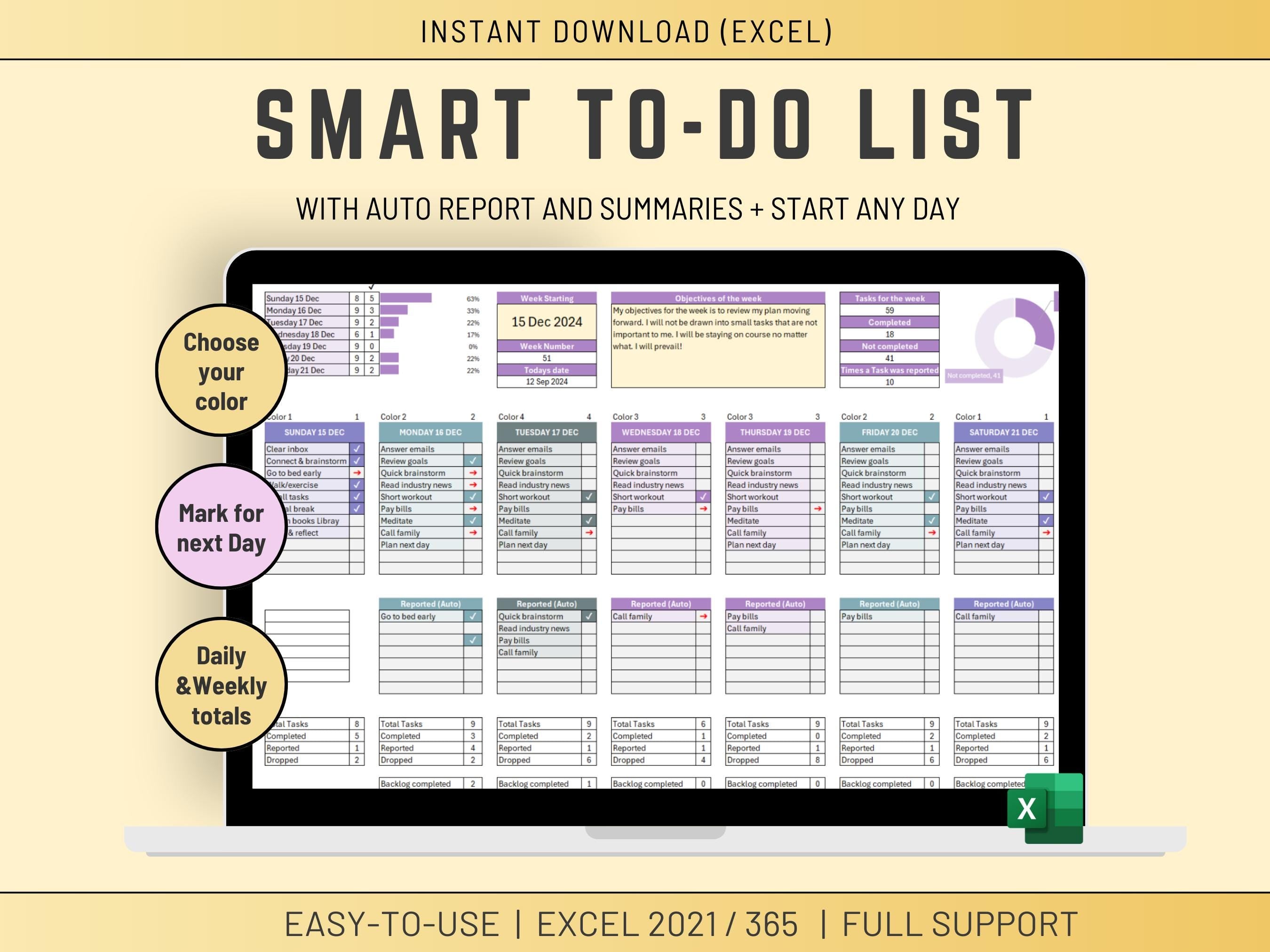 Weekly To-Do List with Automated Backlog in Excel | Planner | Weekly Planner Template | Color Coded Digital Product
