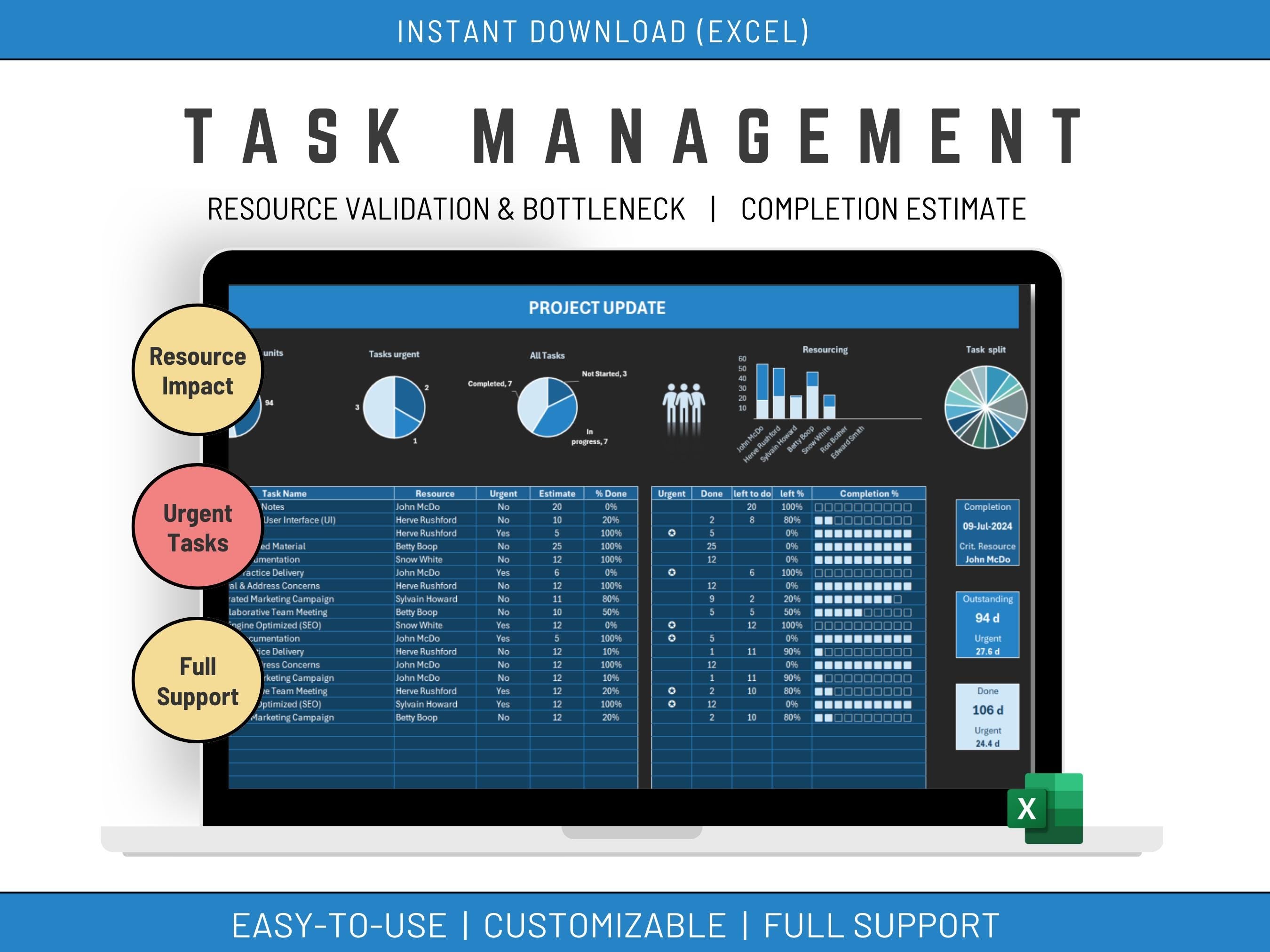 Excel Task List Template: Project Management Dashboard (Digital product)