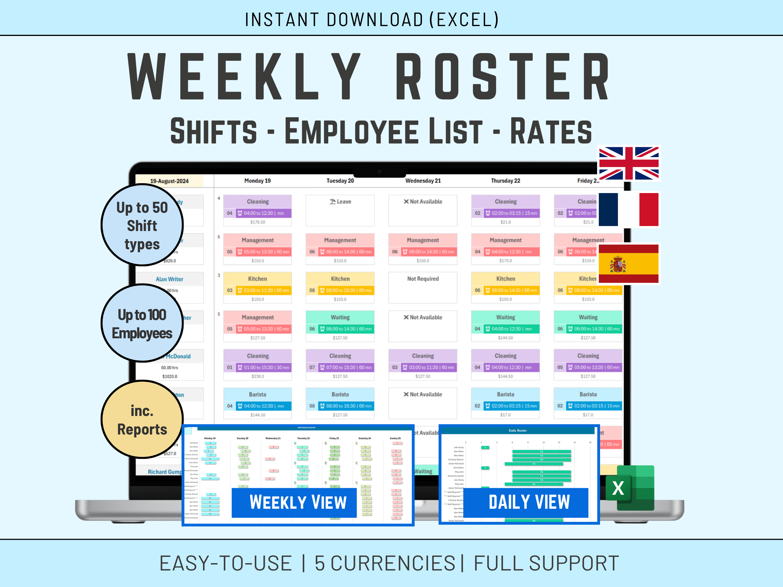 Excel Roster Management Template with Shifts, Employee List and Rates Calculation