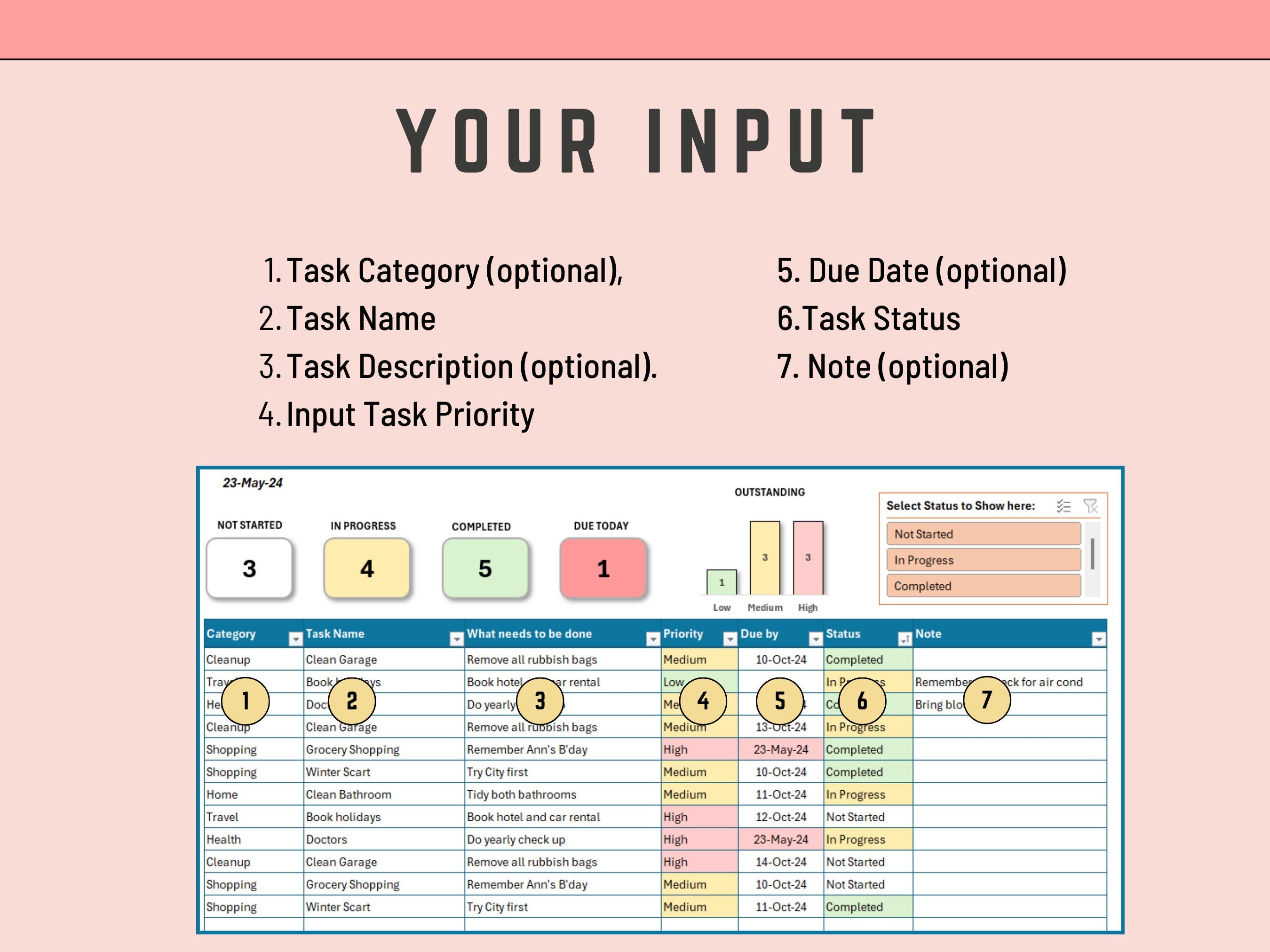 Excel Simple To Do List with Priority & Status Slicer (Excel Template), Digital download, Task list.