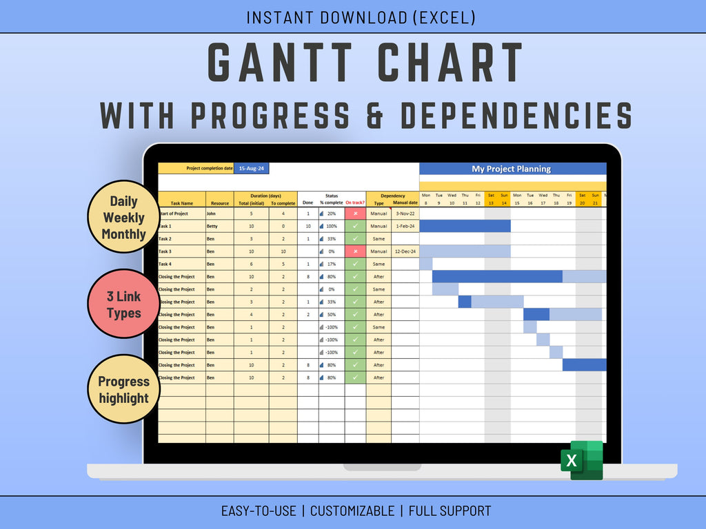 Excel Gantt Chart Template: Project Management & Task Tracking (Instant Download)