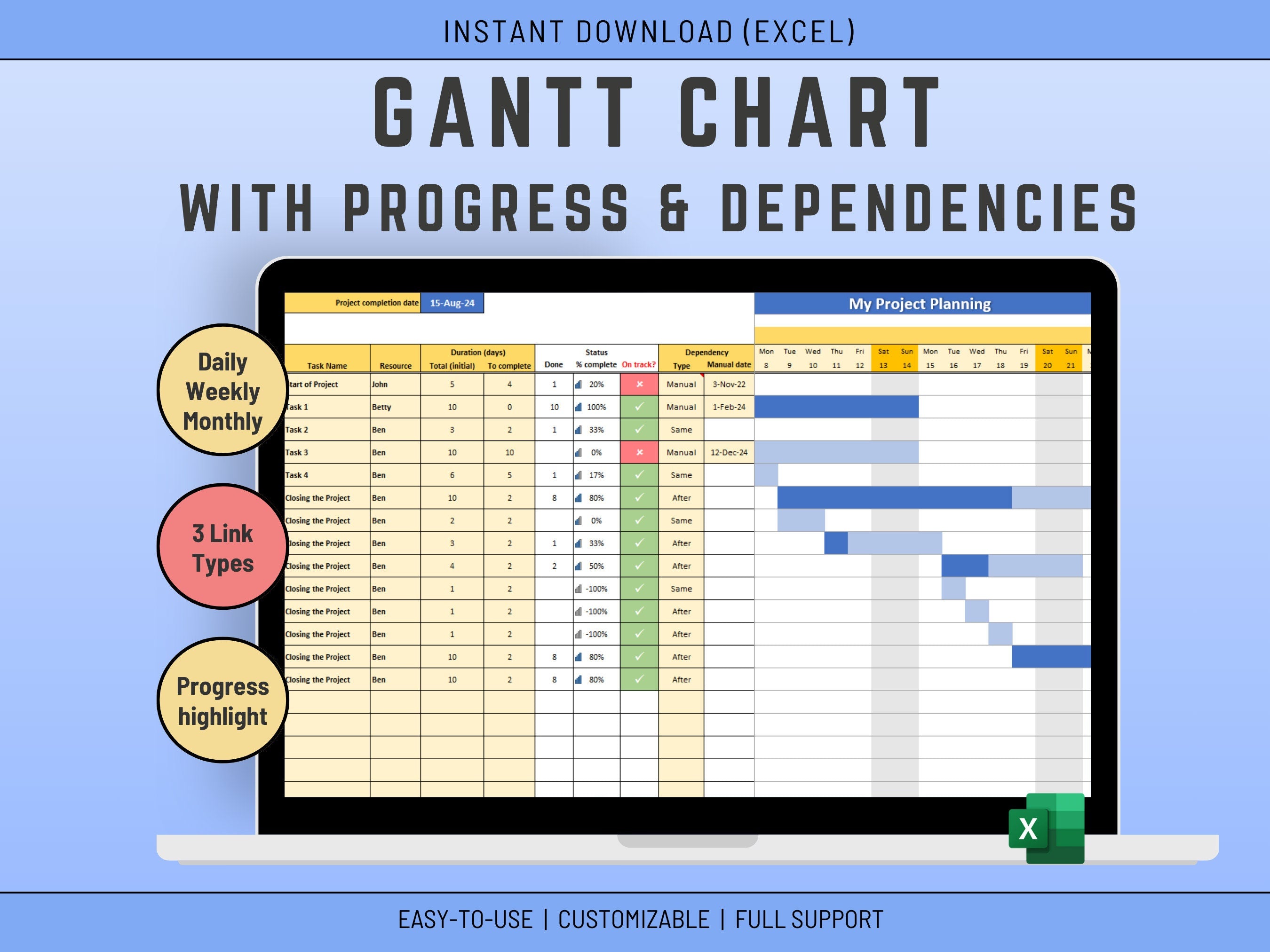 Excel Gantt Chart Template: Project Management & Task Tracking (Instant Download)
