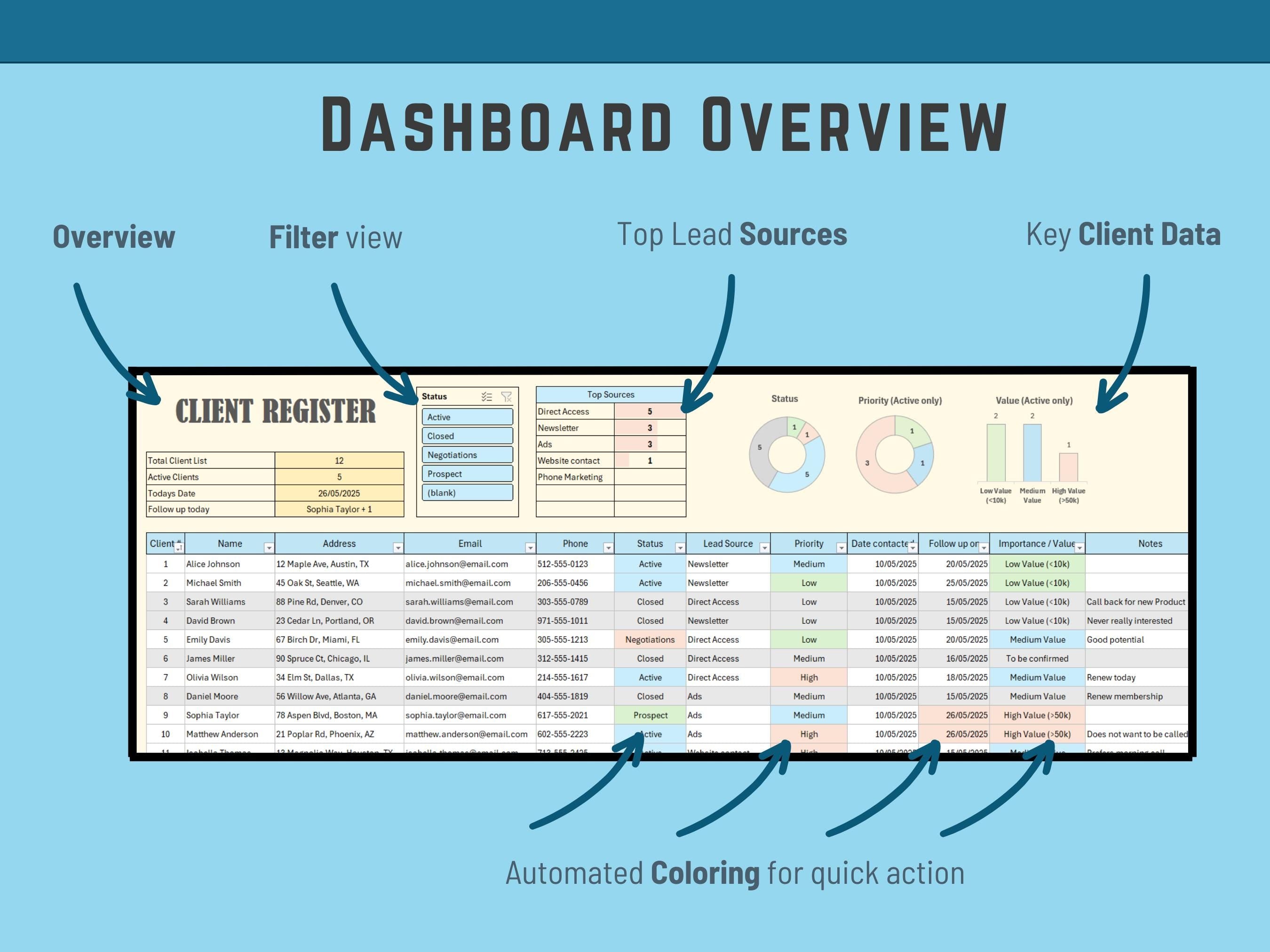 Client Register Excel Template | Automated Client Management Spreadsheet | CRM Tracker for Small Business | Follow-Up & Status Dashboard