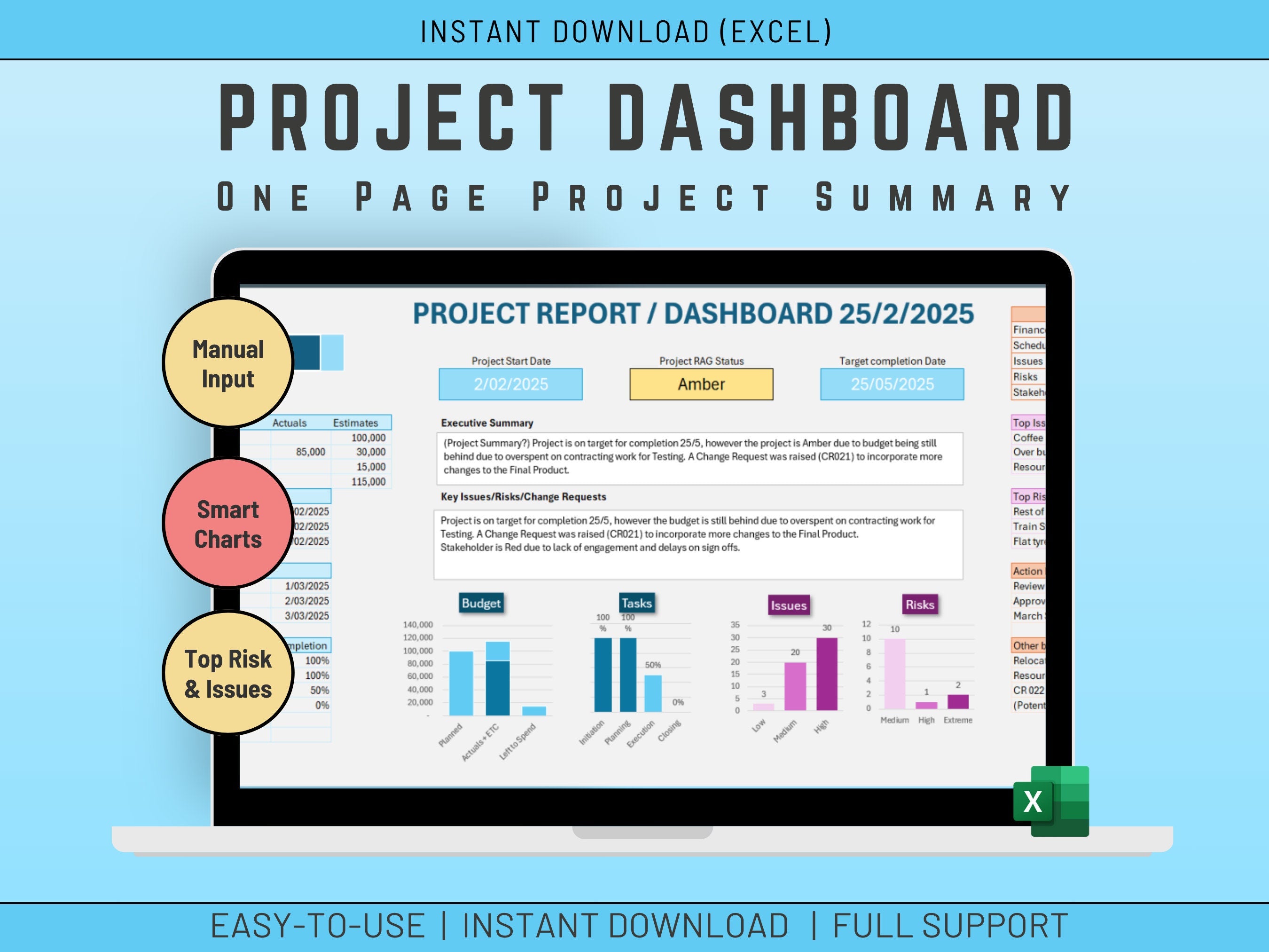 Excel Project Dashboard Template with Risk, Issues, Budget and Status