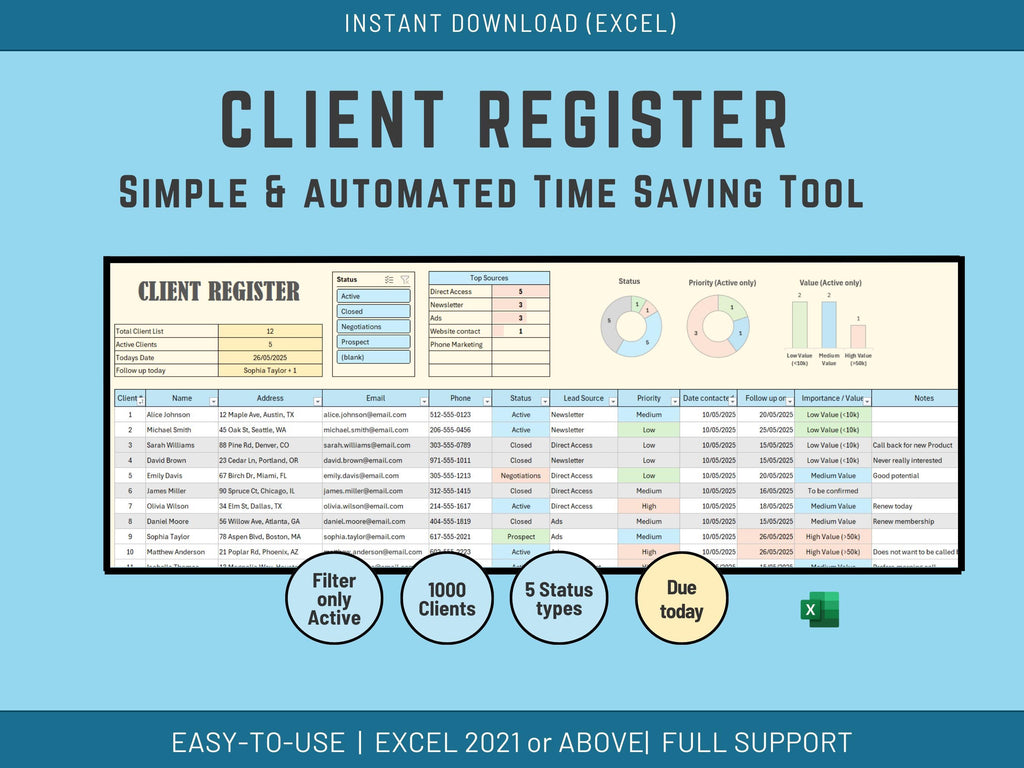 Client Register Excel Template | Automated Client Management Spreadsheet | CRM Tracker for Small Business | Follow-Up & Status Dashboard