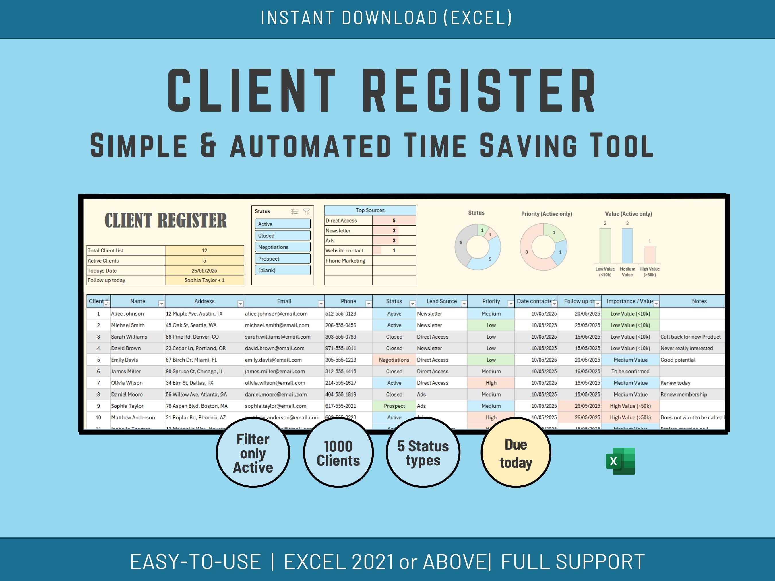 Client Register Excel Template | Automated Client Management Spreadsheet | CRM Tracker for Small Business | Follow-Up & Status Dashboard