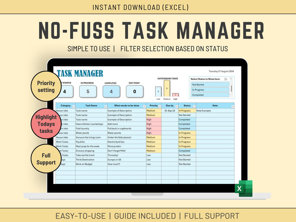 Excel Simple Task Manager with Priority & Status Slicer (Excel Template), To-Do List, Filtering and Completion Status, Daily Planner
